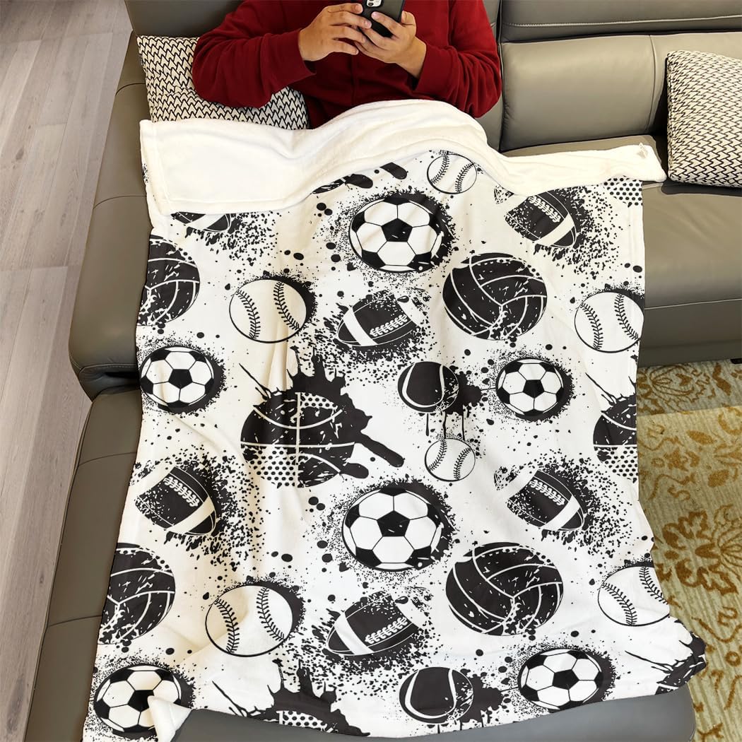 YISUMEI Black and White Sports Balls Fleece Blanket Plush and Warm Basketball Soccer Baseball Throw for Sport Fans Kids Adults Gifts 50"x60"