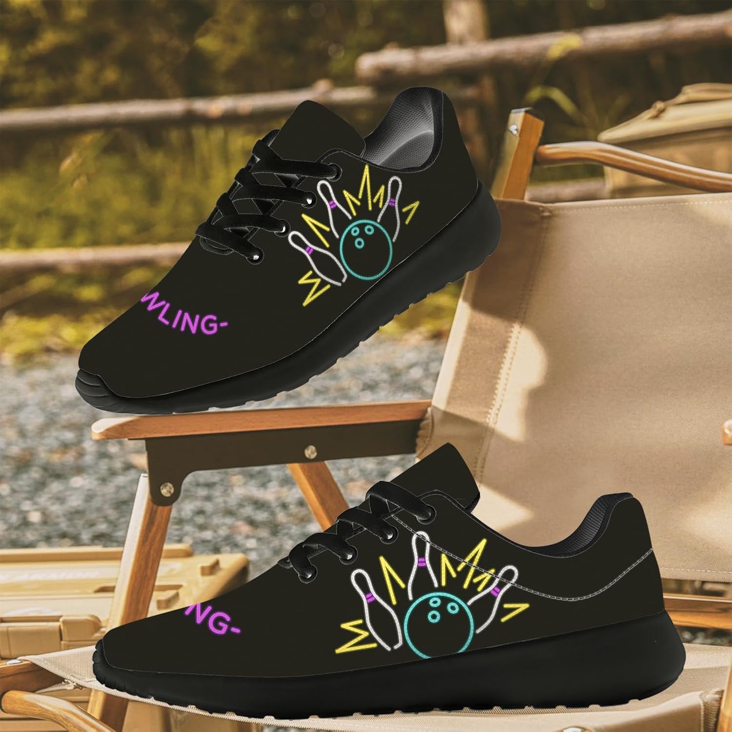 Running Shoes for Men Women Bowling Pattern Shoes Black Walking Sneakers Tennis Shoes Bowling Gifts for Women Men