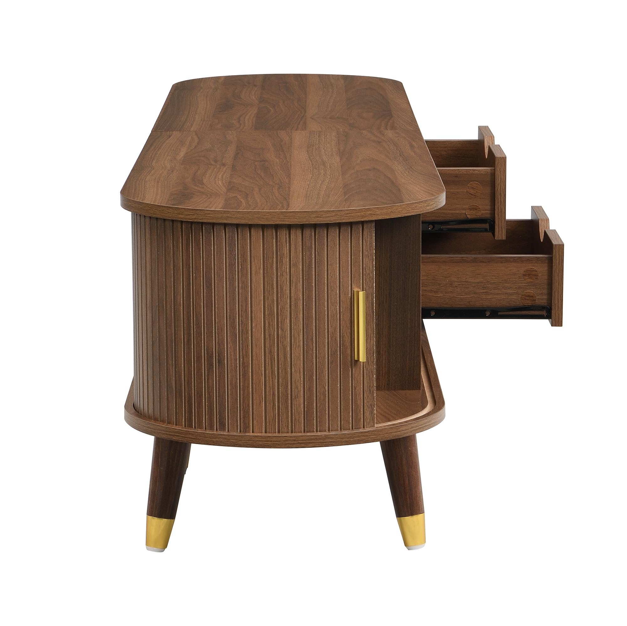 175cm TV Schrank Holz mit Rattan-Schiebetür Walnuss-Optik, TV Lowboard Stehend mit Goldenen Details & Stauraum, Fernsehschrank Für Wohnzimmer, TV Sideboard Einfache Montage,175cm a