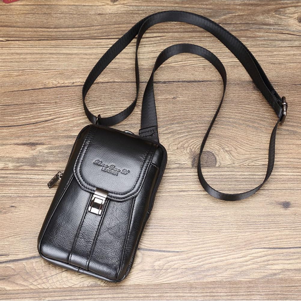 Cow Top Layer Leather Waist Belt Bag Small Classic Side Fanny Pack Hip Bum Purse Smartphone Pouch Model 12-Black