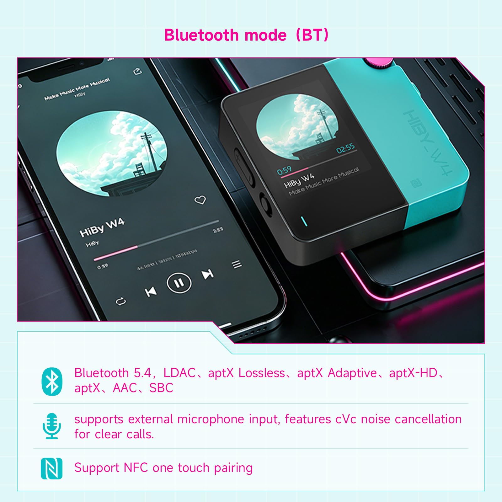 HiBy W4 Bluetooth-Kopfhörer-Verstärker USB DAC, BT 5.4 & NFC, aptX Lossless LDAC, Dual DAC, DSD512 PCM 768 kHz, 5,1 cm Touchscreen, CVC Mikrofon, 3,5 mm & 4,4 mm symmetrischer Ausgang
