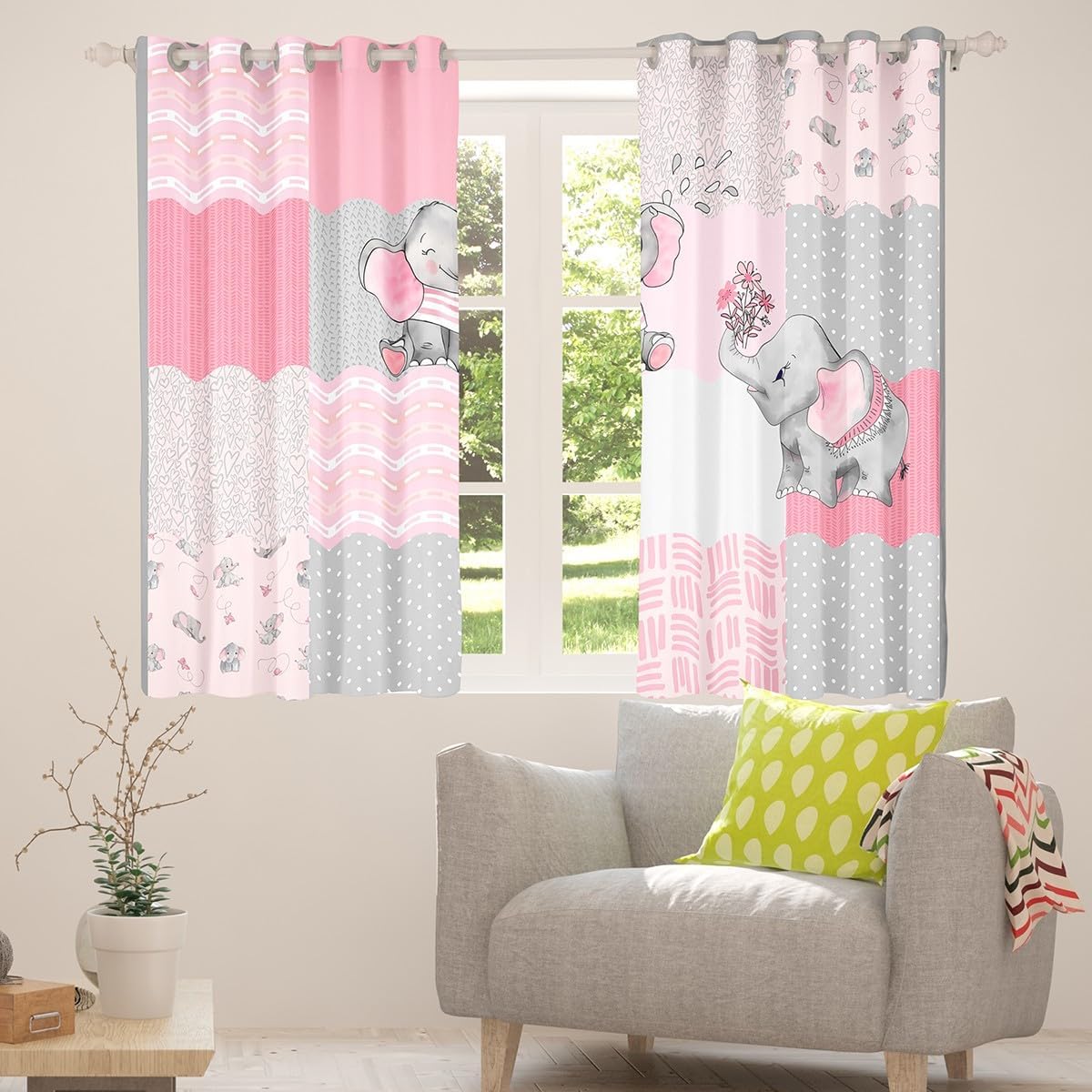 Girly Cute Elephant Curtain for Bedroom,Pink Gray Plaid Geometric Window Curtain for Girls Teens,Cartoon Animals Stripes Dots Decor Microfiber Window Treatment, 42Wx84L inch