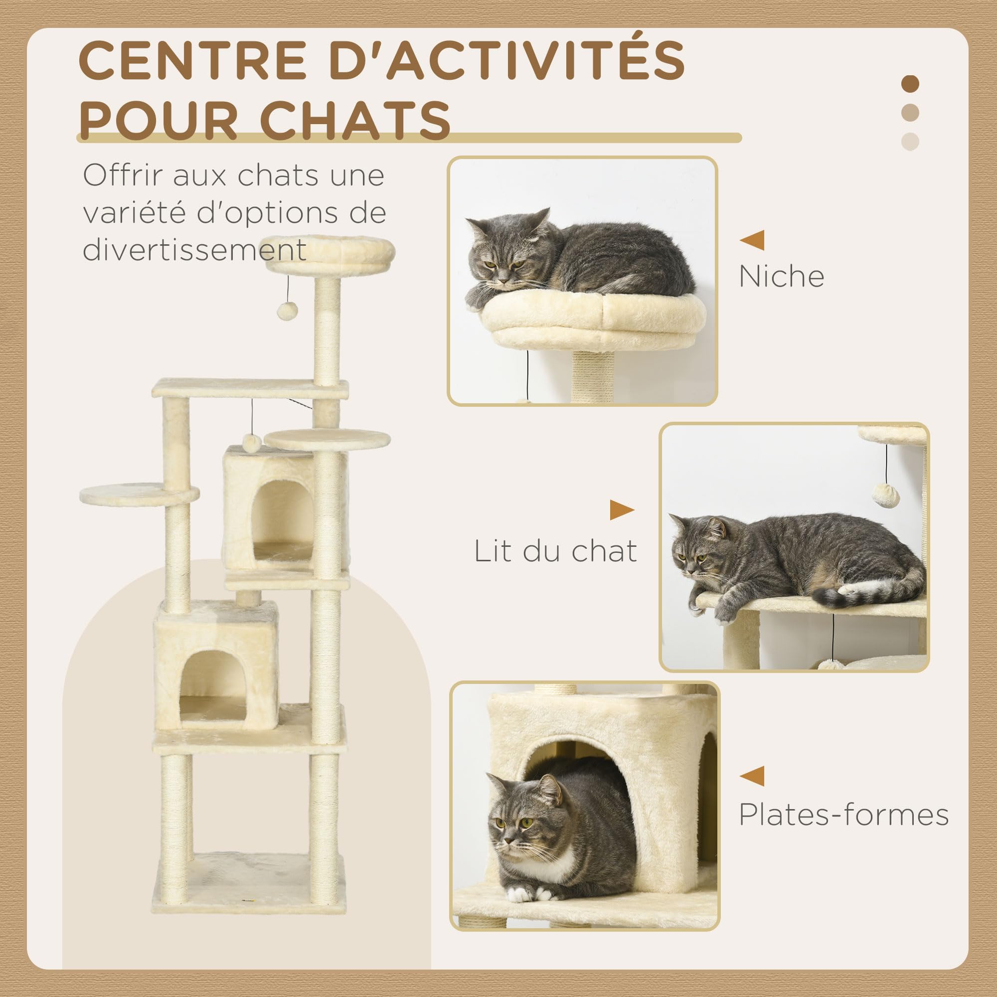 PawHut Albero per gatti albero di arrampicata albero tiragraffi torre gioco altezza 171 cm centro attività con 2 nicchie 6 piattaforme 2 pompons appesi beige