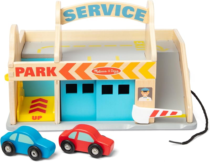 Service Station Parking Garage with 2 Wooden Cars and Drive-Thru Car Wash