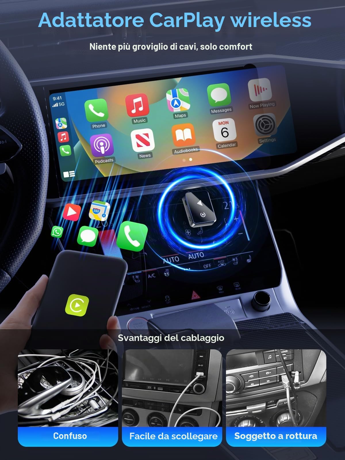 Adattatore Wireless 2 in 1 per CarPlay/Android Auto, PARPAT CarPlay Wireless Adapter con USB/Type-C, Connessione Stabile e Nessun Ritardo, Compatibile con iPhone/Android (CARPLAY01)