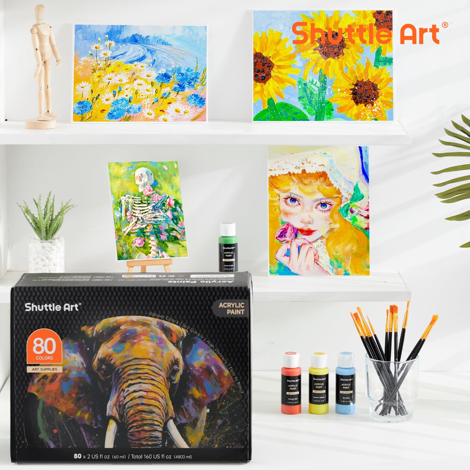 Shuttle Art Zestaw farb akrylowych, 80 kolorowych farb akrylowych w butelkach (po 60 ml) z 12 pędzlami, nietoksyczne, akrylowe farby wodoodporne, dla artystów, początkujących, dorosłych, nadają się na