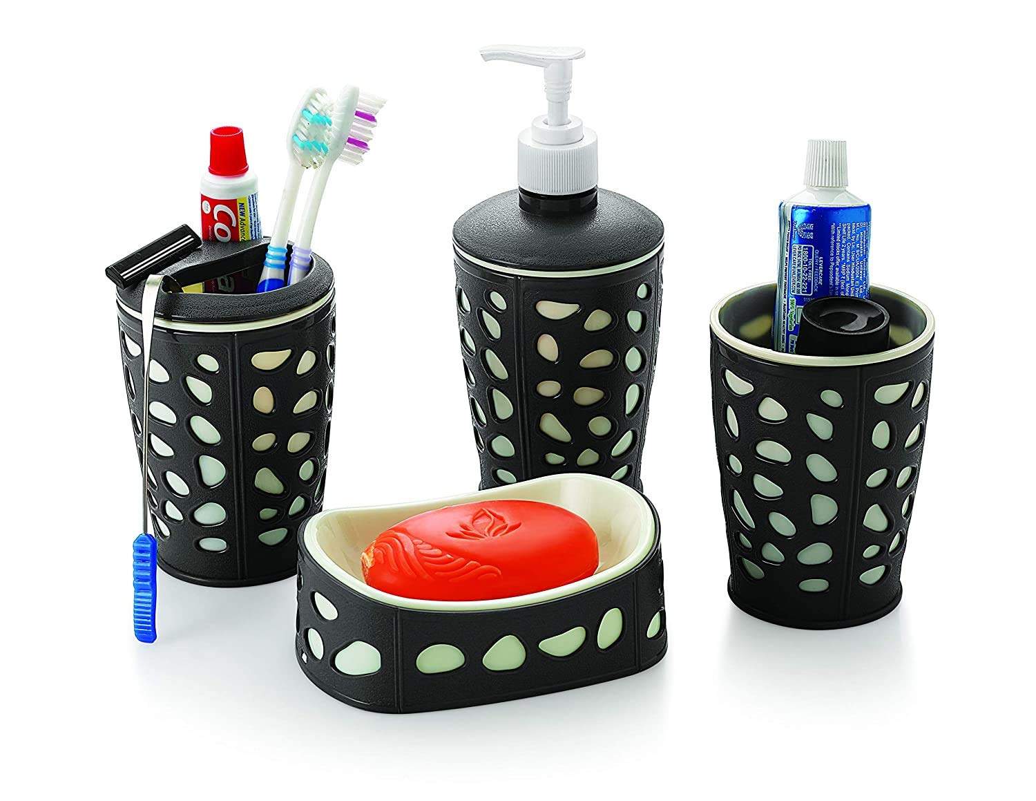 Bathroom Accessories Set - 4 Pieces Bath Ensemble Set Include Hand Liquid Soap Dispenser,Soap Dish,Toothbrush & Paste Holder, Dust Bin Bathroom Accessory Set for Bathroom, Multicolor