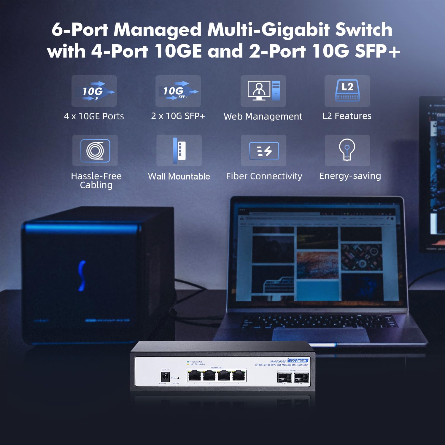 YuLinca 6 Port 10Gbps Managed Switch, 4 x 10G RJ-45 Ports with 2 x 10G SFP+ Slots, Support 10G/5G/2.5G/1000M Auto-Negotiation, Smart Web Managed Gaming Switch