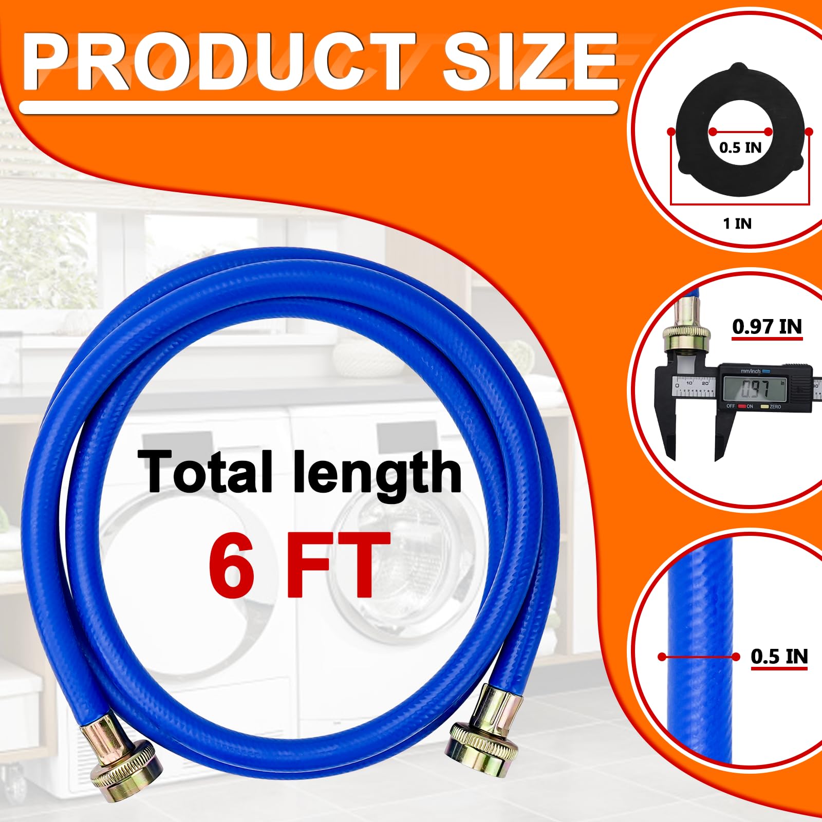 Tubi Carico Lavatrice 1,2 M – Gomma Resistente Allo Scoppio, Acqua Calda E Fredda, Attacco 3/4", 2 Pezzi Rosso E Blu
