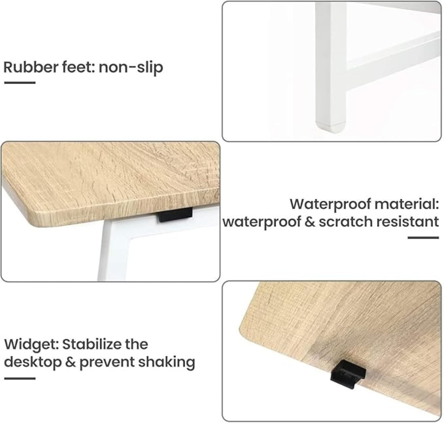 Close-up images highlighting key features of the Homy Casa desk: non-slip rubber feet, waterproof and scratch-resistant desktop material, and a widget to stabilize the desktop and prevent shaking.