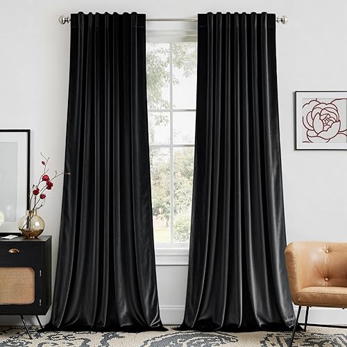 EMEMA Cortinas de terciopelo negro de 84 pulgadas de largo, juego de 2 paneles para oscurecer la habitación, pestaña trasera de lujo y bolsillo para