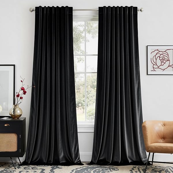 EMEMA Black Velvet Curtains 2 Panels W40xL63 Inch Back Tab Rod Pocket