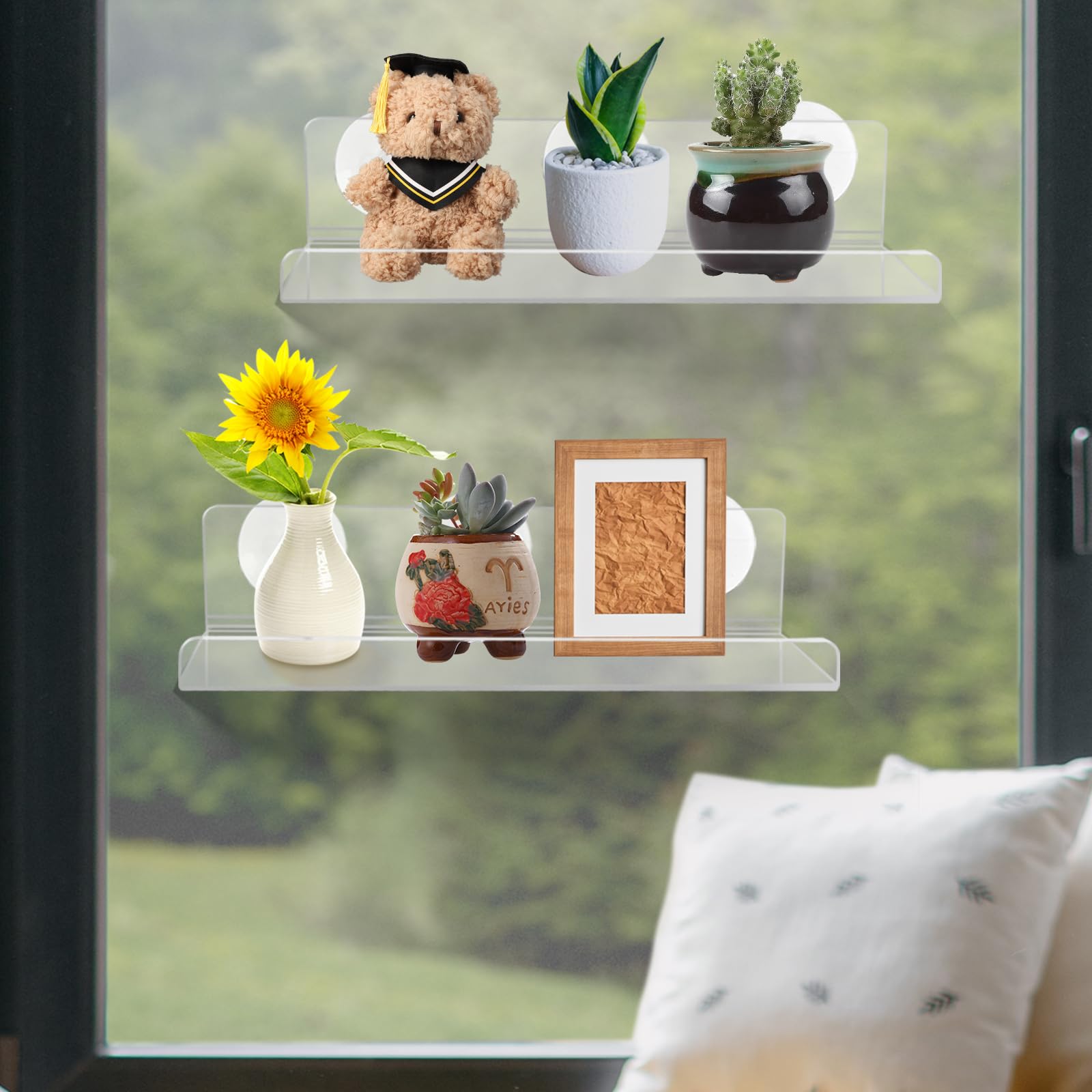 Paquete de 2 estantes de ventana para plantas, estantes de ventosa acrílica de 12 pulgadas para suculentas, macetas de hierbas, micro verdes, organizador de baño, soporte de exhibición y 6