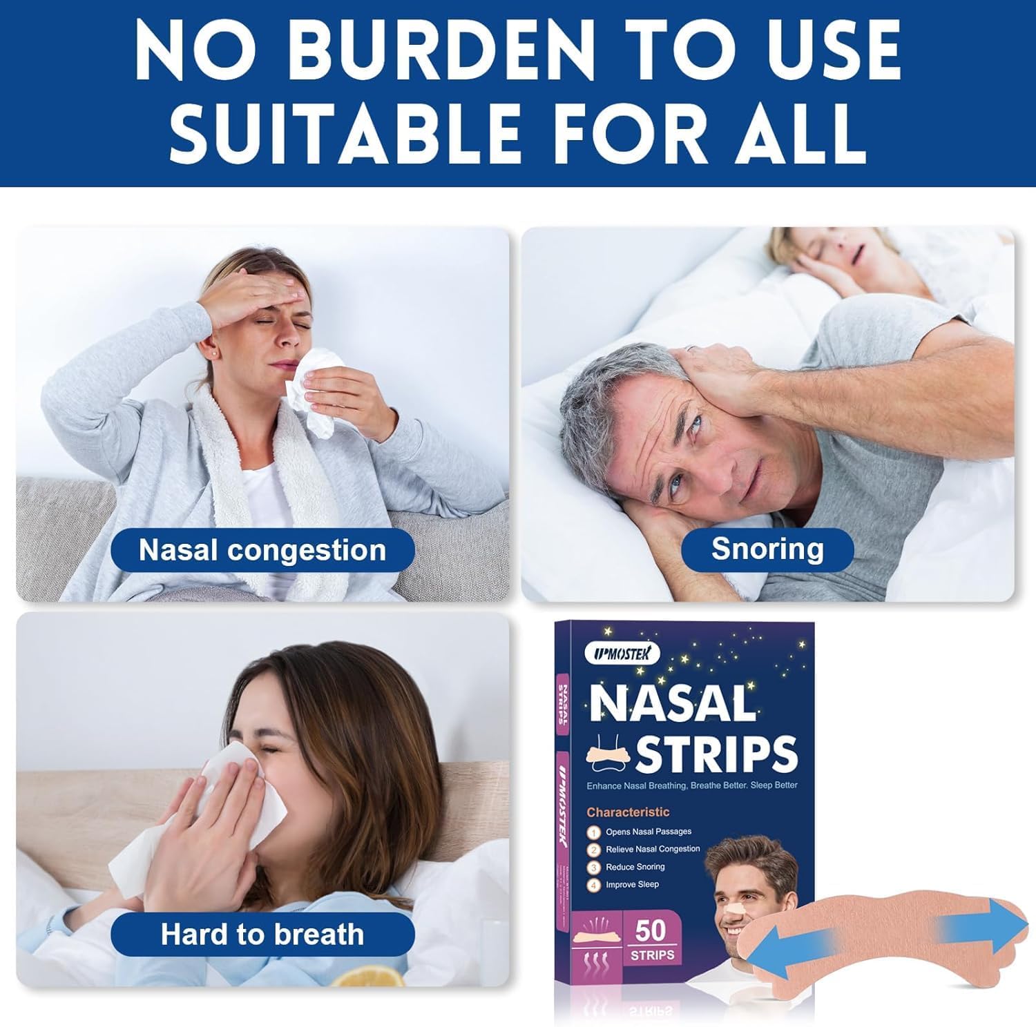 50Pcs Nasal Strips for Snoring, Extra Strength Nose Strips Breathing, Nose Tape for Sports and Sleep, Anti Snoring Strips Help Stop Snoring and Nasal Congestion Relief - Image 6