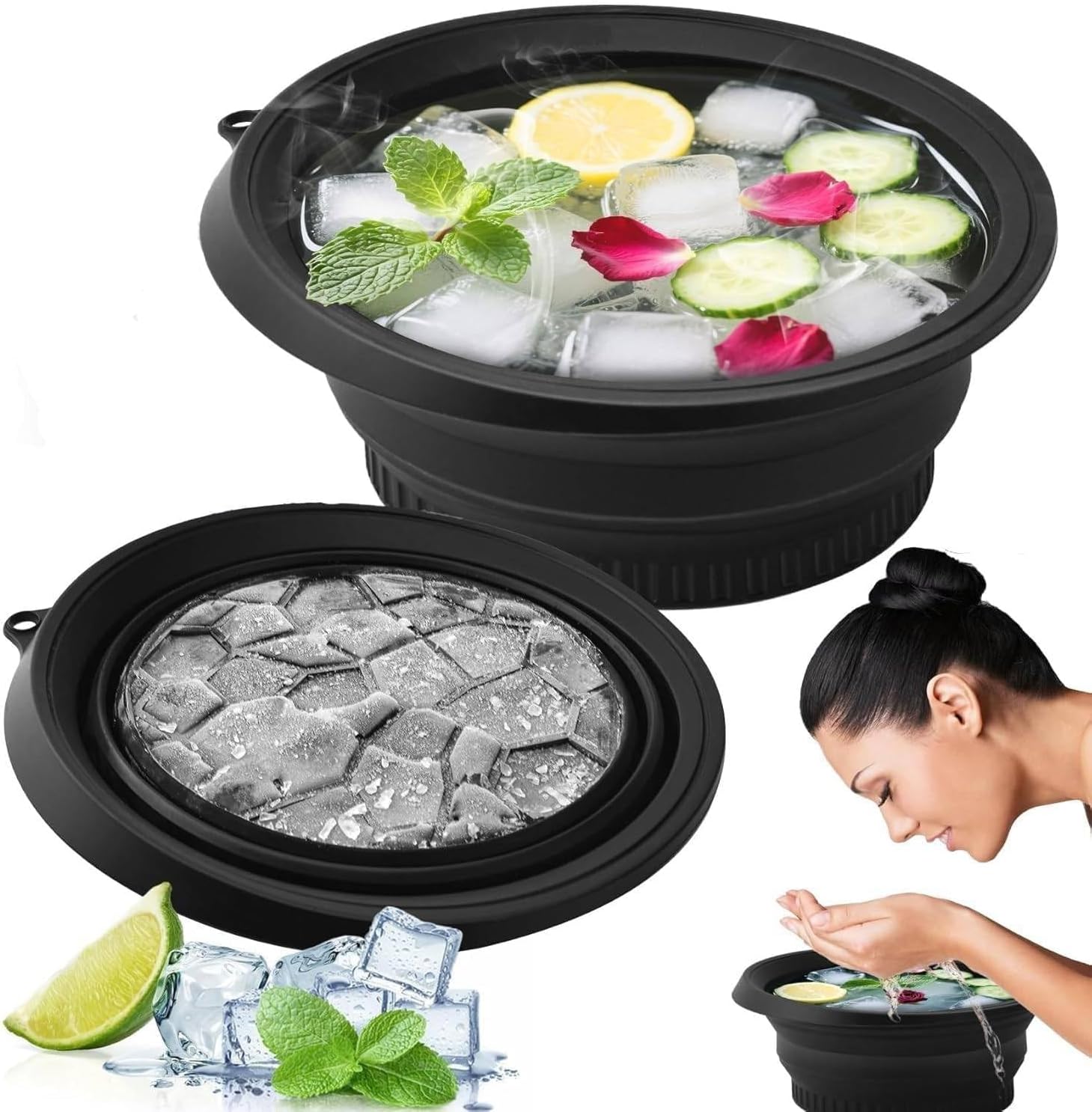 Silicone Collapsible Face Bowl with Built-in Ice Tray | BPA-Free Round Face Bath Basin for Icing Soaking & Skincare | Portable Dishwasher Safe | Black