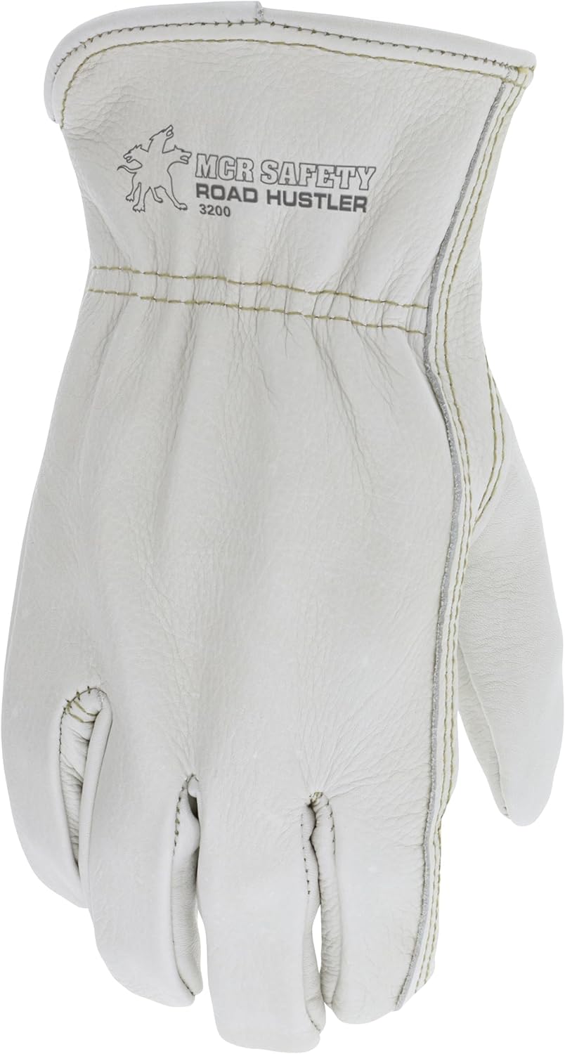 MCR Safety 3200XL Grain Cow Full Leather Driver Premium Grade Gloves with Keystone Thumb and Self-Hemmed, Cream, X-Large, 1-Pair