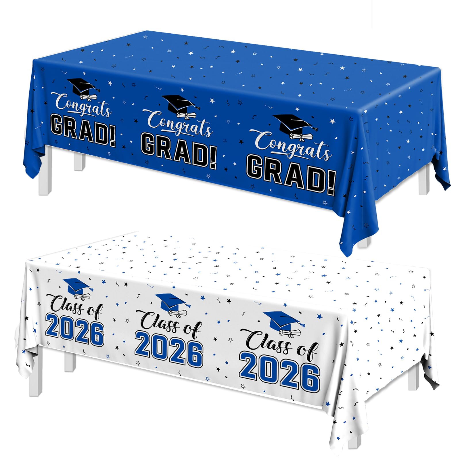 Bezkega 2026 Graduation Decorations,Congrats Grad Tablecloth 2pcs White Navy Blue Class of 2026 Table Covers Rectangle for Graduation Party Supplies,