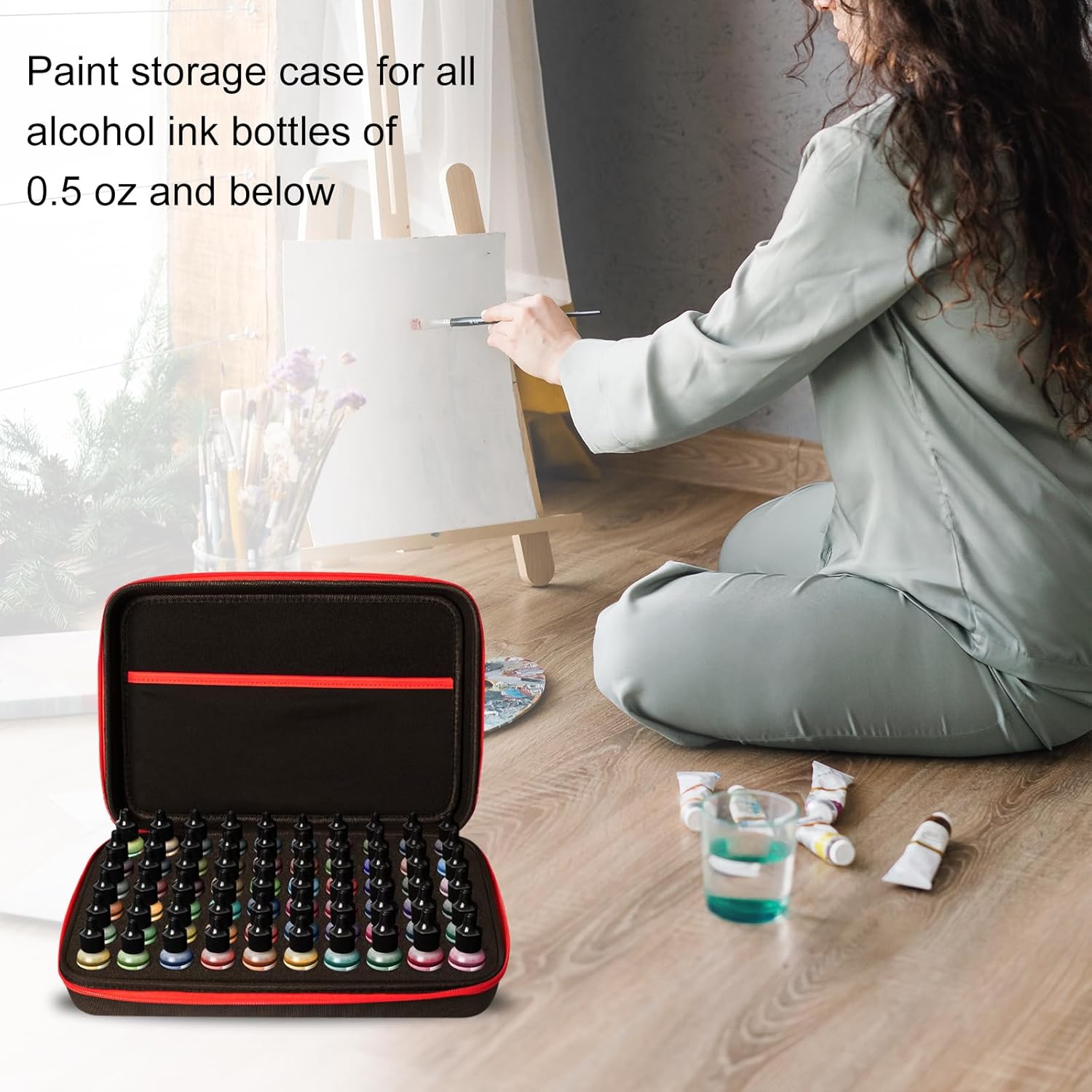 Alcohol Ink Storage Case，60 Bottles Miniature Paint Organizer with Foam Bases and Inner Storage Pocket (Ink not Included)