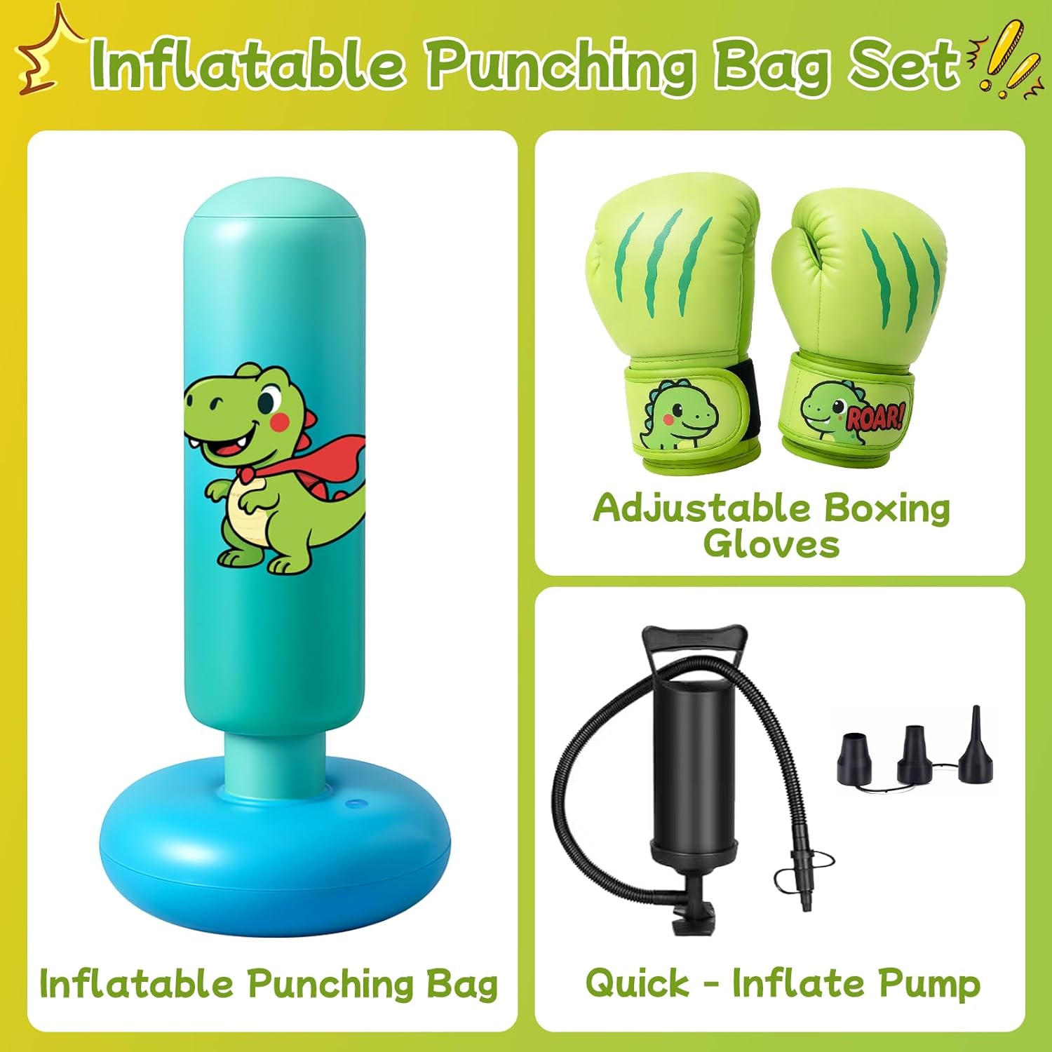 Inflatable Punching Bag for Kids: Qoosea 48 Inches Kids Punching Bags with Boxing Gloves & Air,Pump Blue Dinosaur Design Gift for Toddler & Kid Ages 3-10,Easy to Inflate,Durable Safe Punch Bag