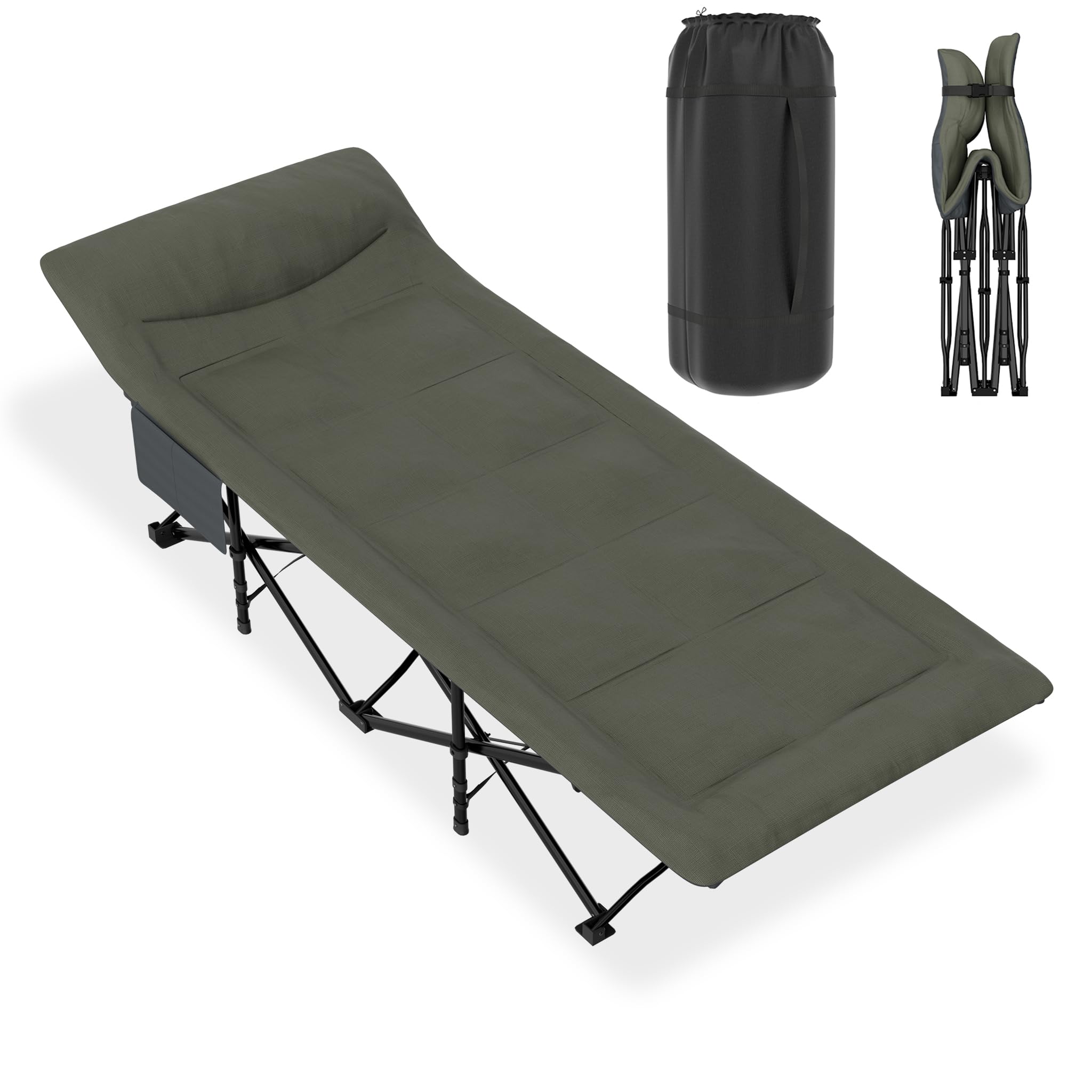 FIVMEN Feldbett Klappbar 185x75 cm Klappbett Campingbett mit Matratze, Kissen und Seitentasche Gästebett Karpfenliege Campingliege bis 250kg Belastbar für Outdoor Camping Garten