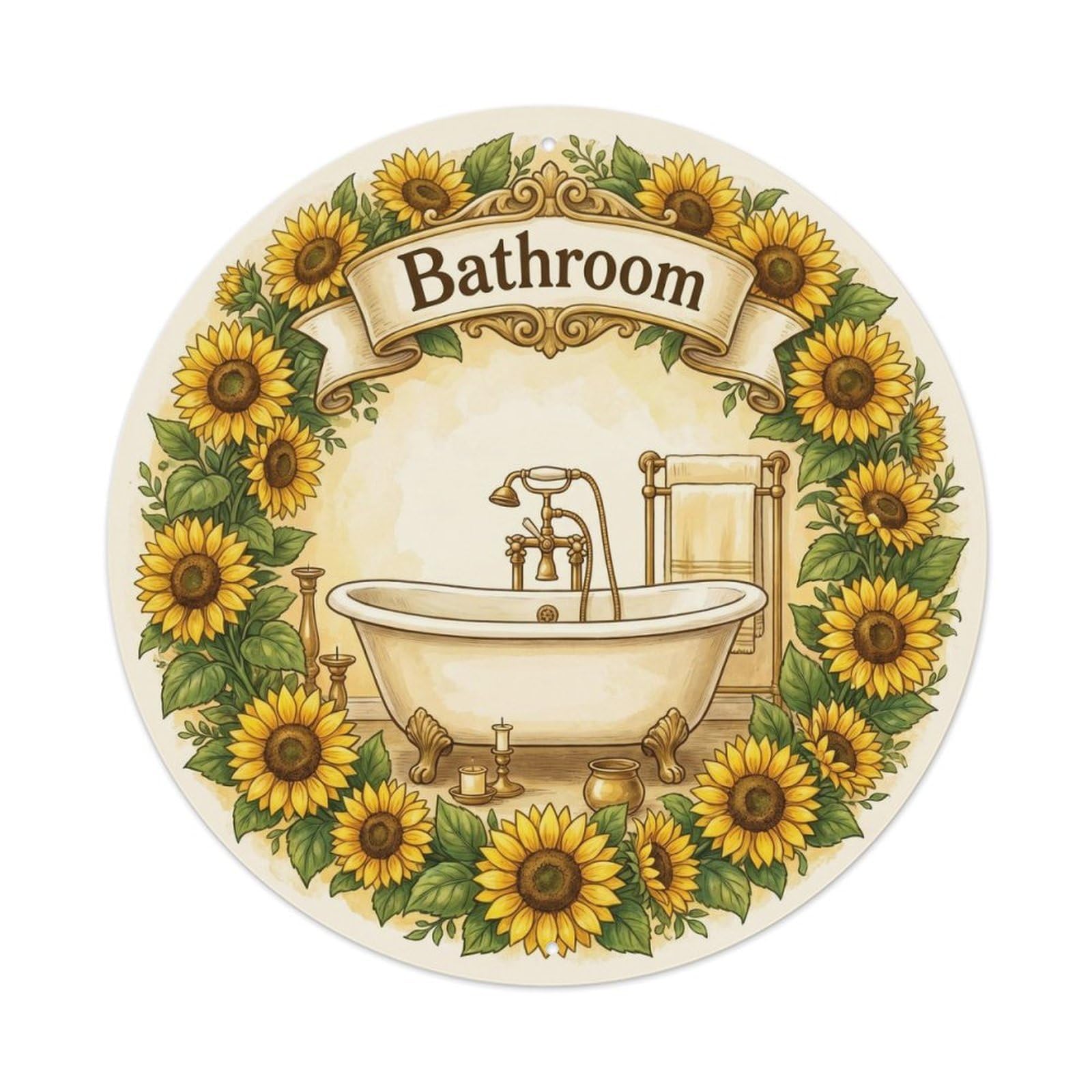 Yrnq Vintage Style Bathroom Sunflower Romantic Spa Bathroom Vintage Metal Tin Sign Plaque Wall Decor For Cafe, Club, Garden Round Metal Poster 8X8inch