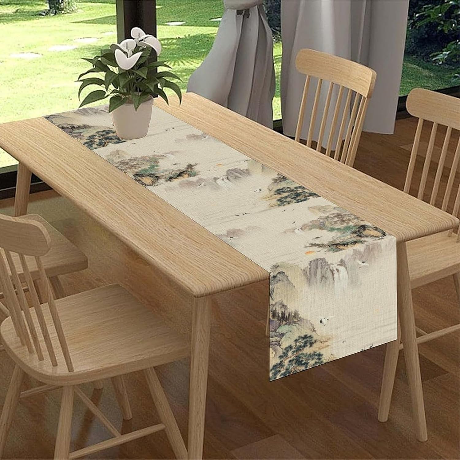 Chinese Landscape Table Runner, Vintage Traditional Asian Chinese Ink Painting Mountain Crane Waterfall Table Center Decor for Family Kitchen Outdoor Holiday Party Table Decorations, 13"x108"