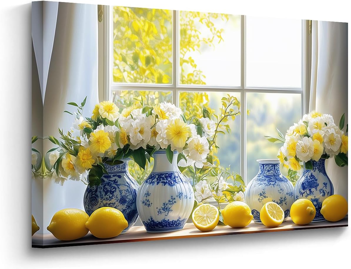BJYCHG Lemon Pictures Wall Art Kitchen Decor Citrus Fruit Canvas Yellow Lemon Painting Blue Pottery Prints for Restaurant Dining Room Framed (White, 12L x 18W)