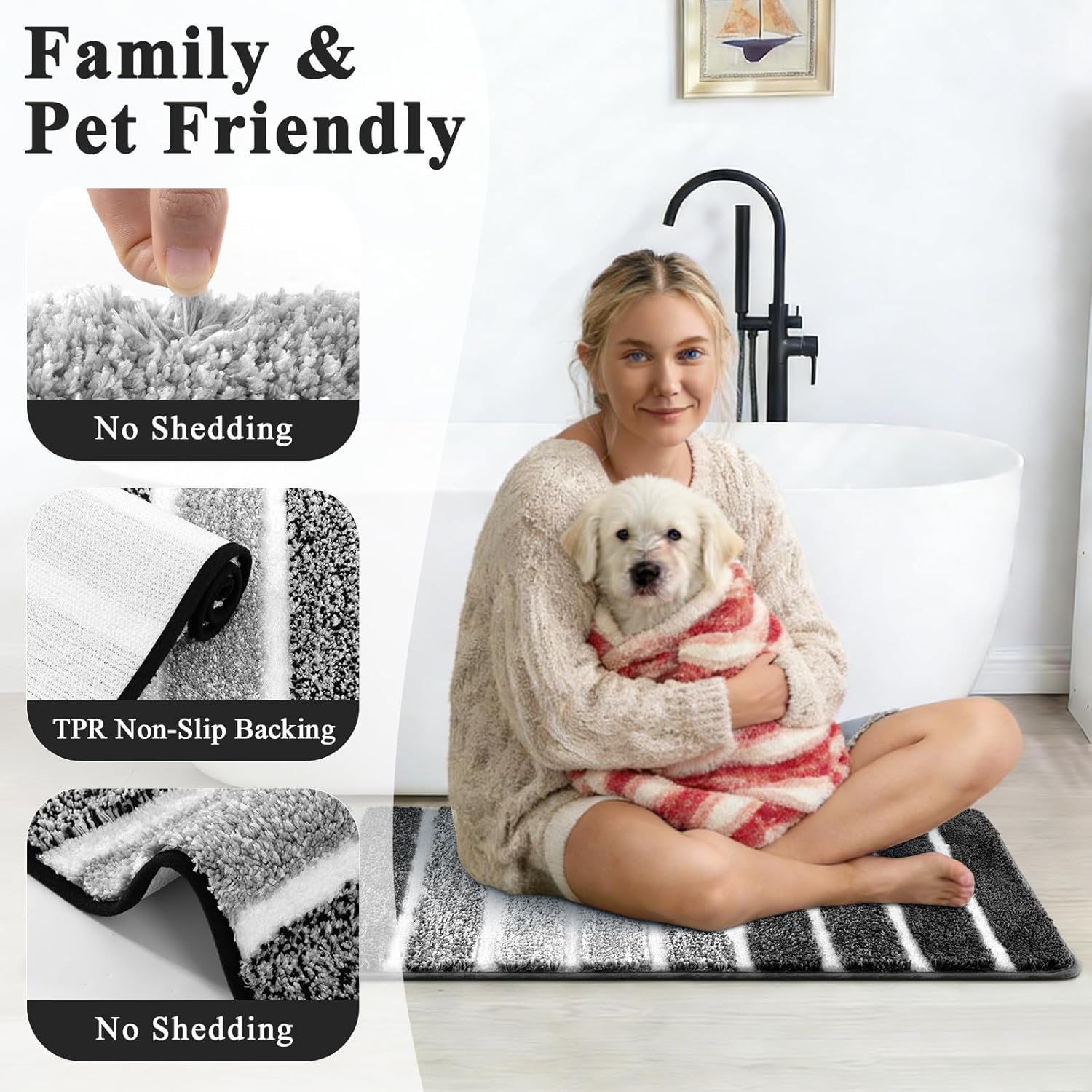 Yamaziot Bathroom Rugs Sets 5 Piece, Microfiber Bath Mat for Bathroom, Non Slip Washable Bath Rug Set with Bath Runner Rug, U-Shaped Toilet Rugs, Shower Rug & Toilet Cover, Black