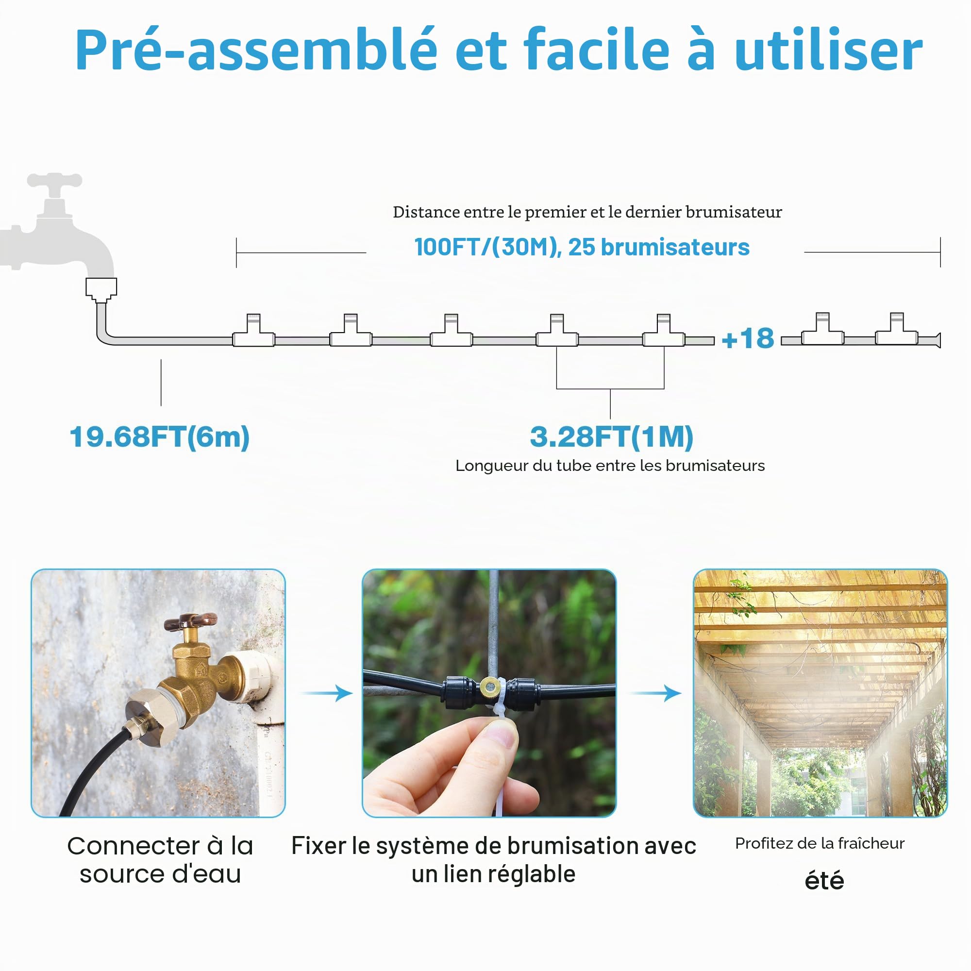 Bonviee Brumisateur pour terrasse extérieure, système de refroidissement brumisateur de 30 m pour terrasse, ligne de brumisation de 30 m + 28 buses de brume + adaptateur en laiton de 1,9 cm, système