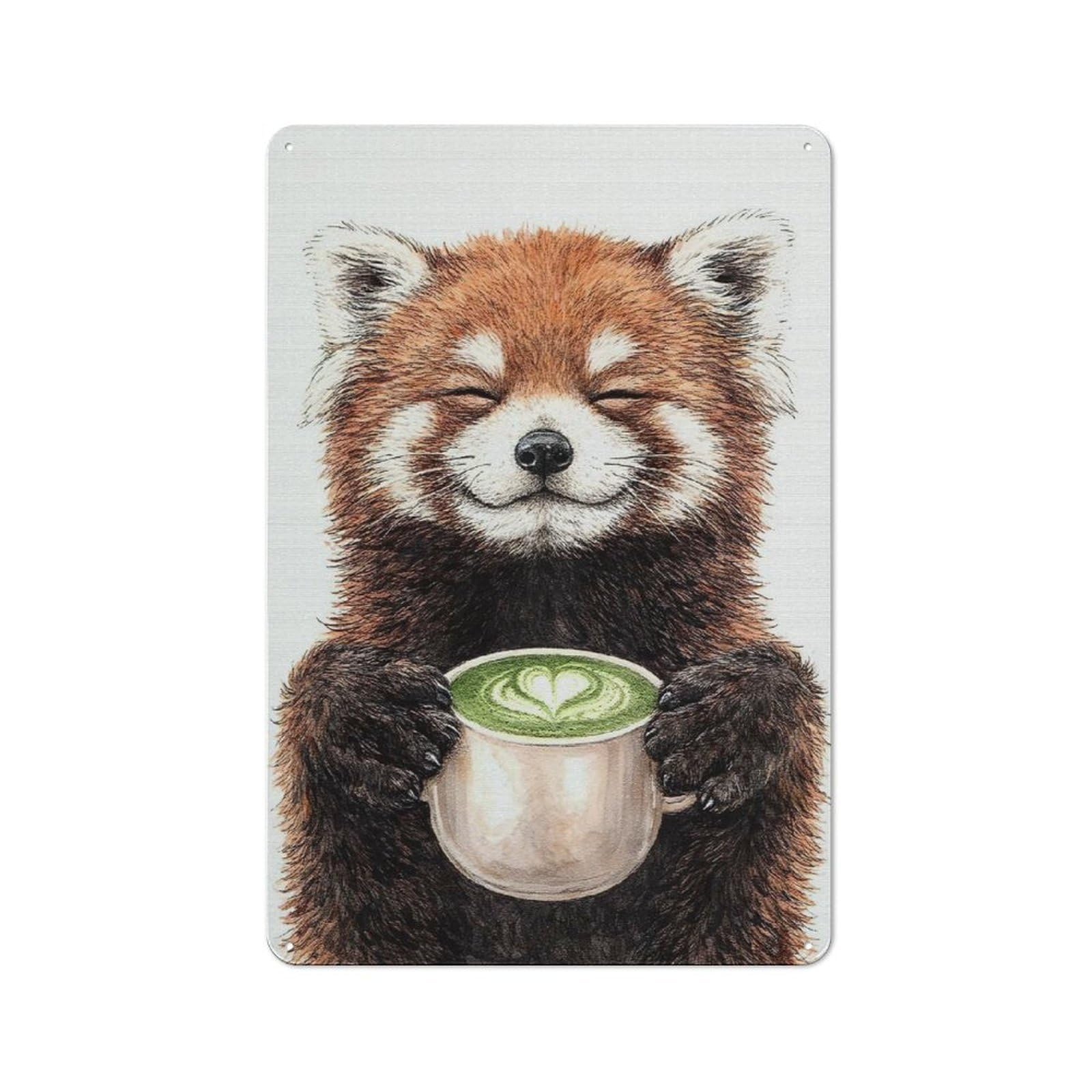 Junmoney Style-17 Industrial Red Panda Enjoying Matcha Tea Retro Metal Sign 30X20cm, Shed Wall Plaque For Garage, Workshop, Shed Or Utility Room