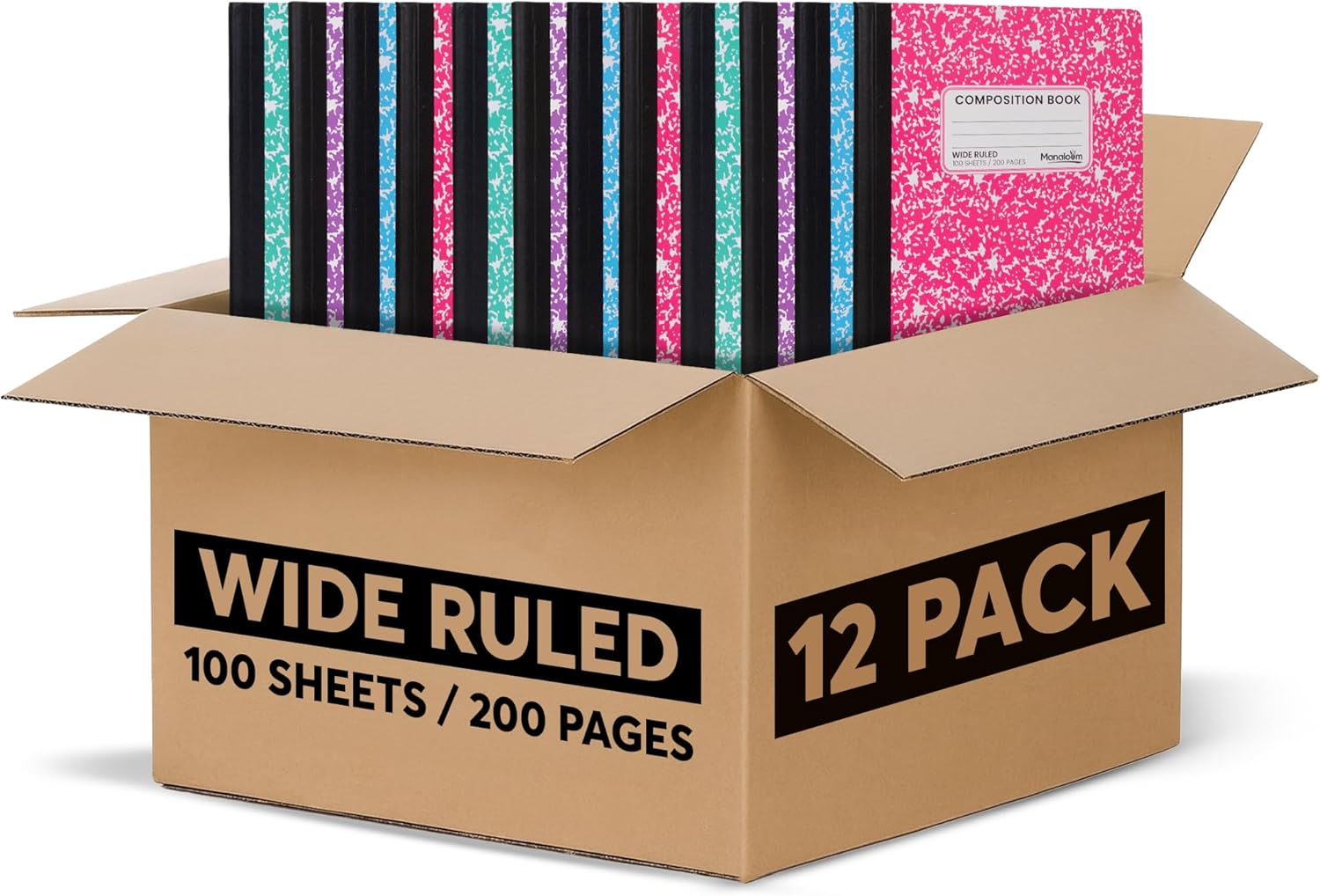 Manaloom Hardcover Wide Ruled Composition Notebook – Bright Colors, 100 Sheets, 200 Pages, 9.75 x 7.5 in – For School, Office, Students, Journaling, Bulk Classroom Supplies- 12 Pack