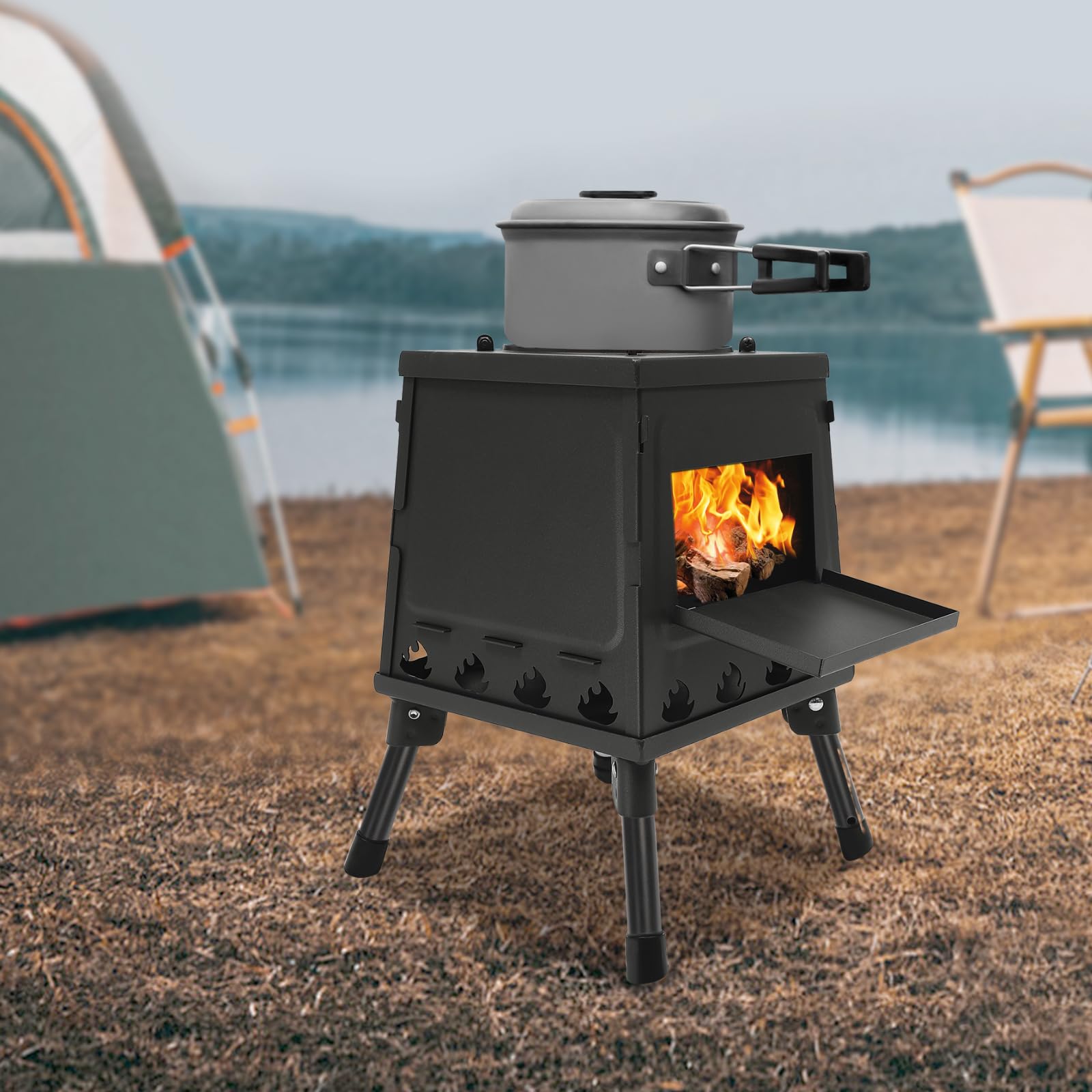 Mini estufa plegable para tienda de campaña, para camping (3-5 personas), resistente al viento, cocina y calefacción, estufa de leña portátil para picnic y al aire libre
