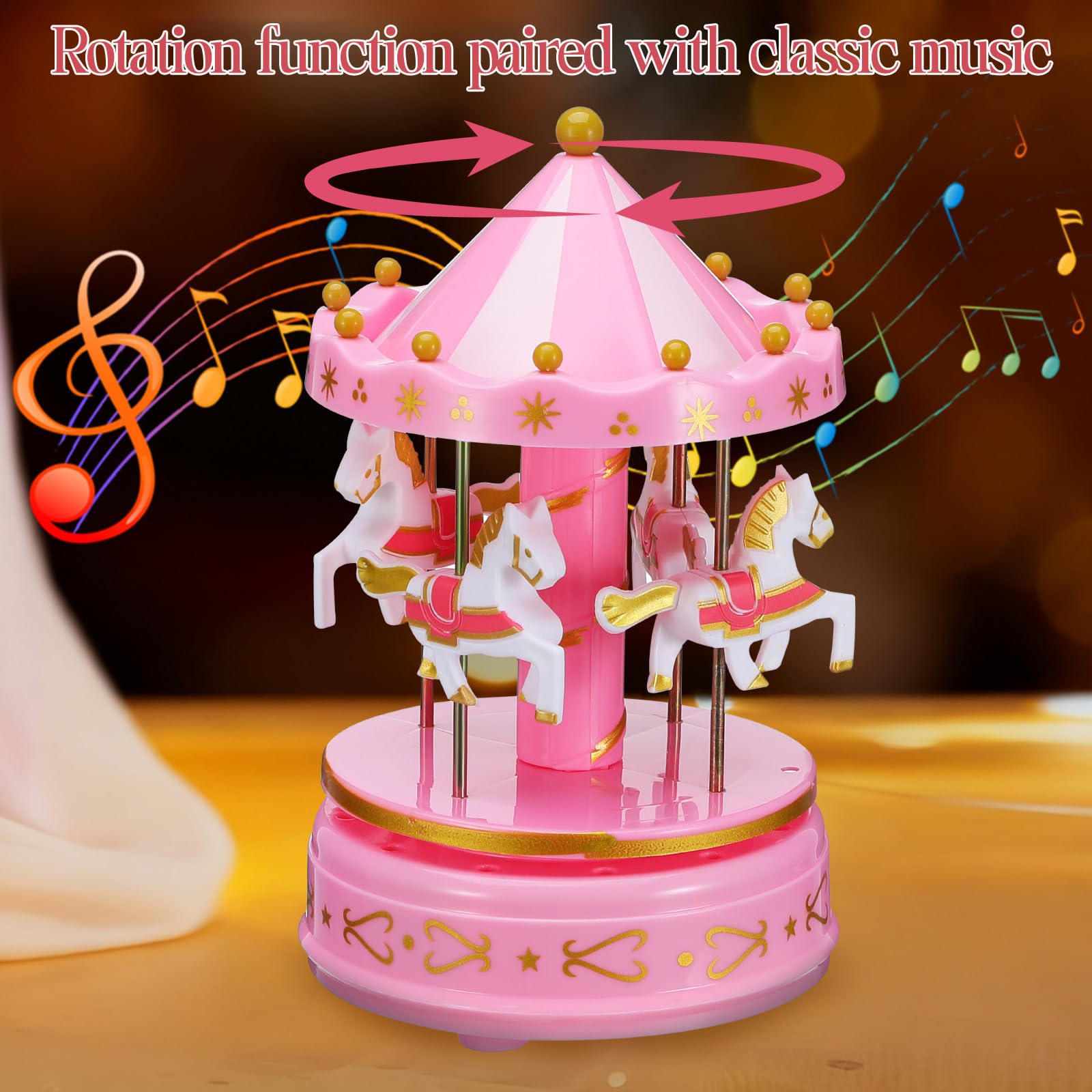 Holibanna Caja de Música y Artesanía Exquisita de Carrusel Rosa Portátil y Fácil de Operar Diseño Romántico para Obsequio en Navidad y Año