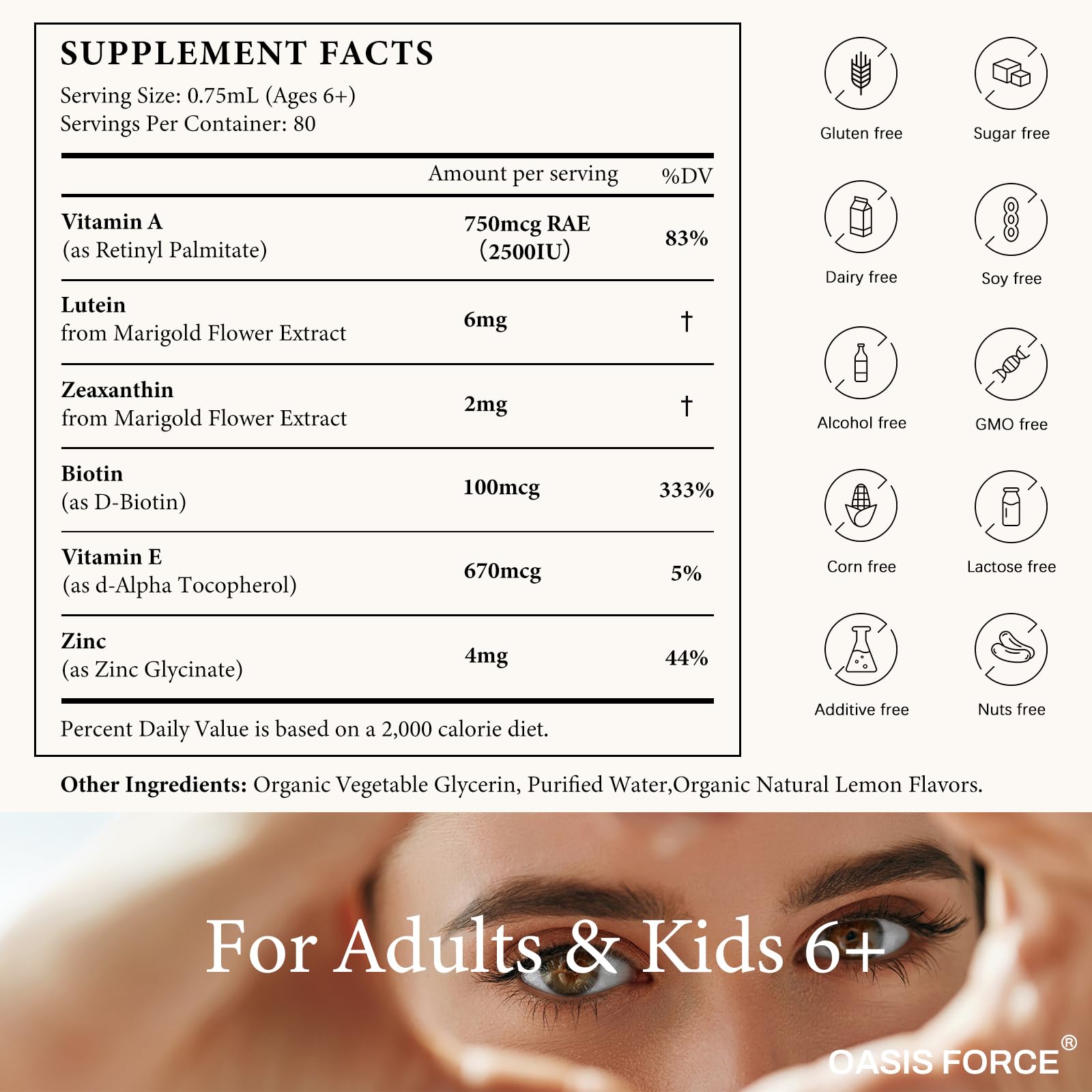 6 in 1 Vitamin A Liquid Drops with Lutein & Zeaxanthin, Vita A Retinyl Palmitate for Skin, Vision & Immune Support, Adults & Kids Ages 6+, Vegan, Non-GMO, 2 Fl Oz — Amazon image 5