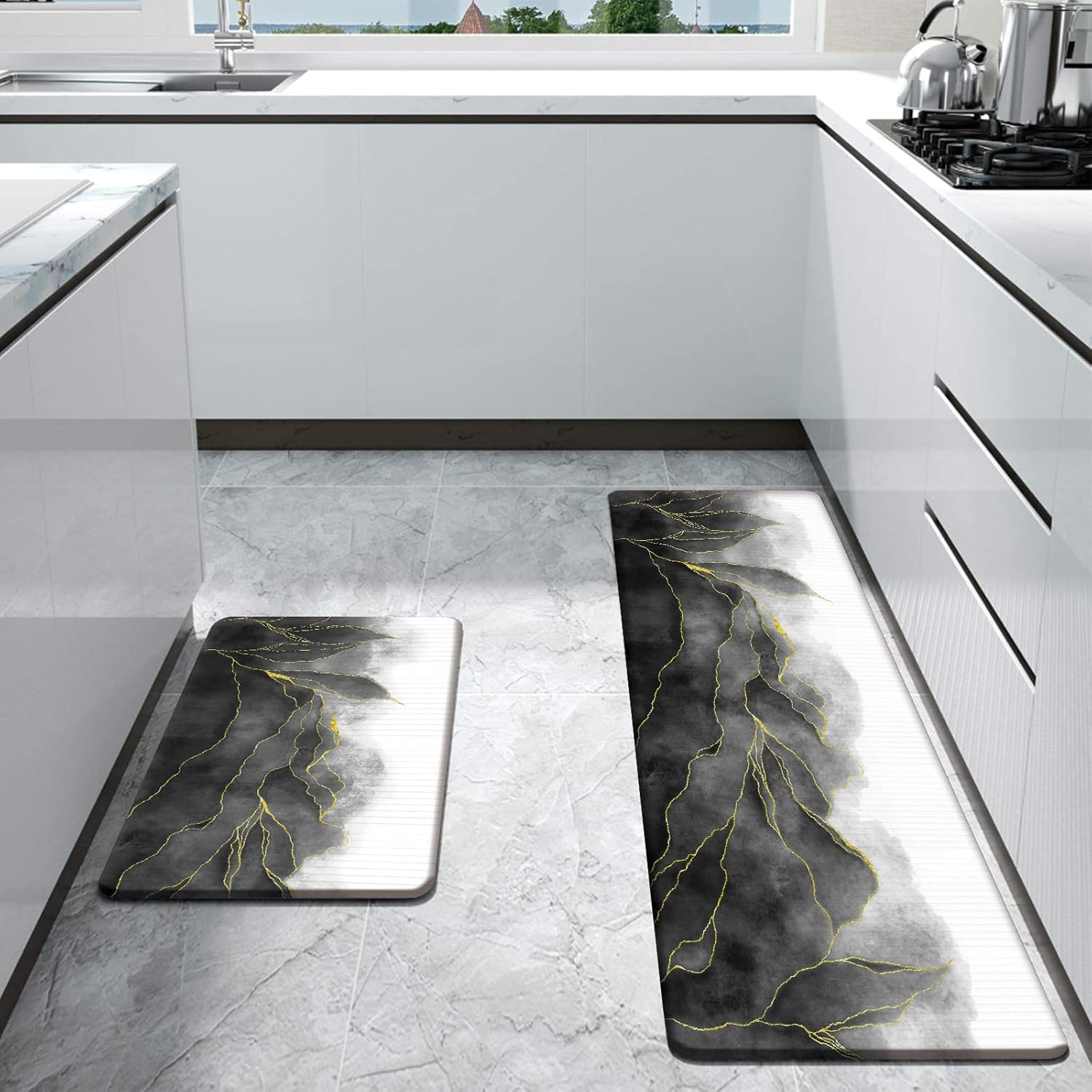 Bulijojo Green Buffalo Plaid Anti Fatigue Kitchen Floor Mats Set of 2 Waterproof Kitchen Sink Runner Rug Standing Mat Cushioned Kitchen Rugs Comfort Doormat 17"x47"+17"x30"