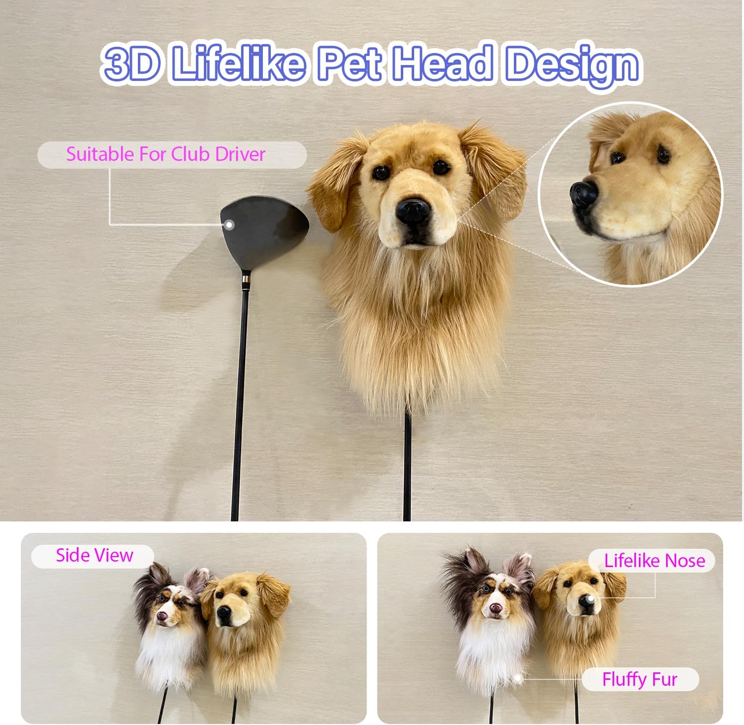 Customize Golf Club Headcover with Lifelike Dog Head, Personalized Dog Replica Golf Club Driver Cover, 3D Dog Head Golf Club Head Covers for 3-Wood, 5-Wood