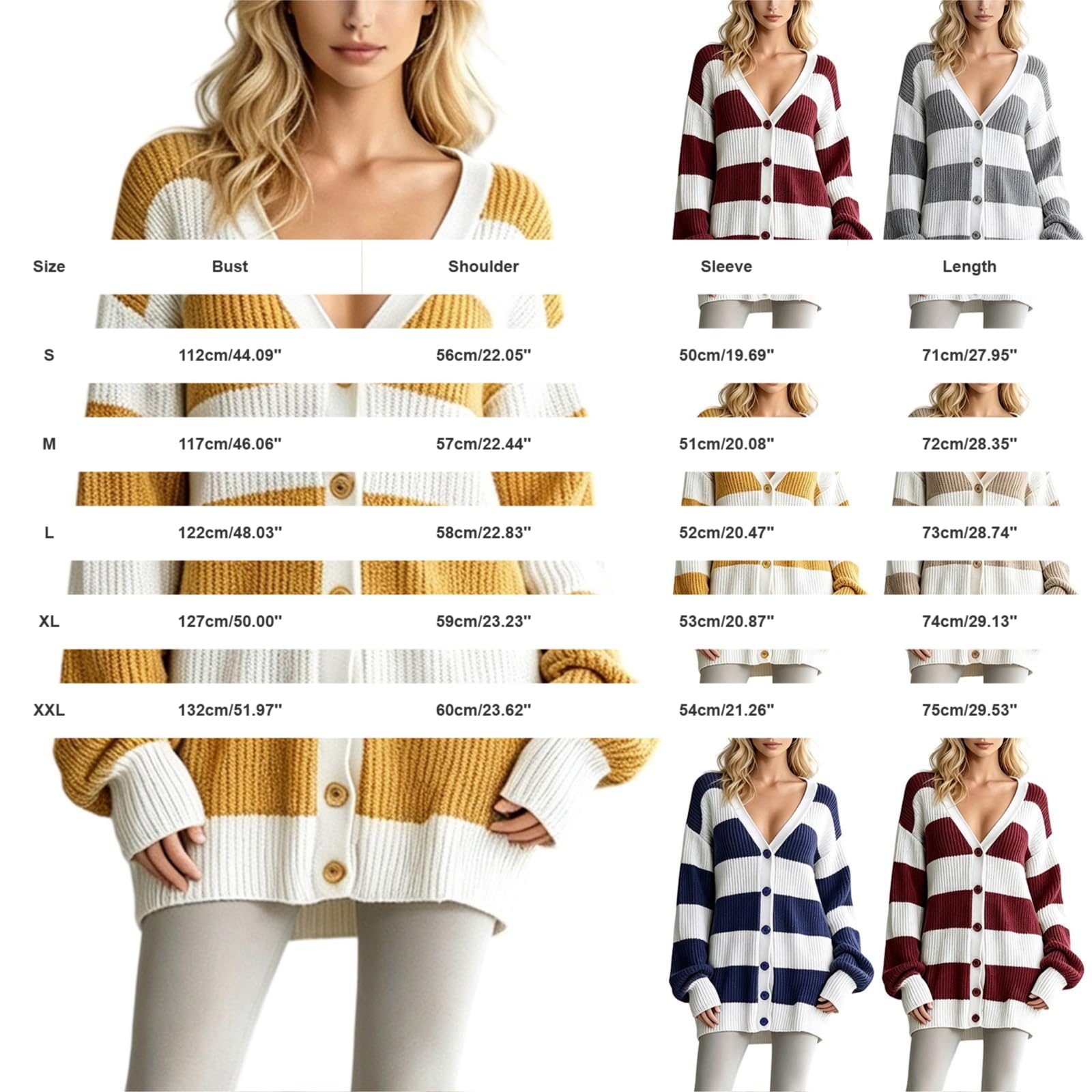 Generisch Cardigan da donna a righe, scollo a V, maniche lunghe