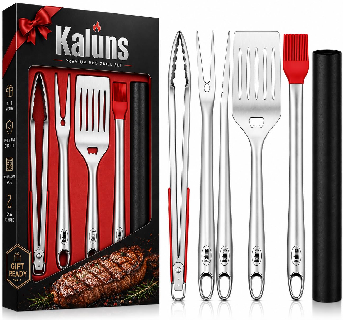 Kaluns BBQ Grilling Accessories, Grilling Gifts for Men Dad, Grill Tools for Outdoor Grill, Heavy Duty Stainless Steel Grill Set with Spatula, Tongs, Fork, Brush, &amp; Grilling Mat, Best BBQ Gifts