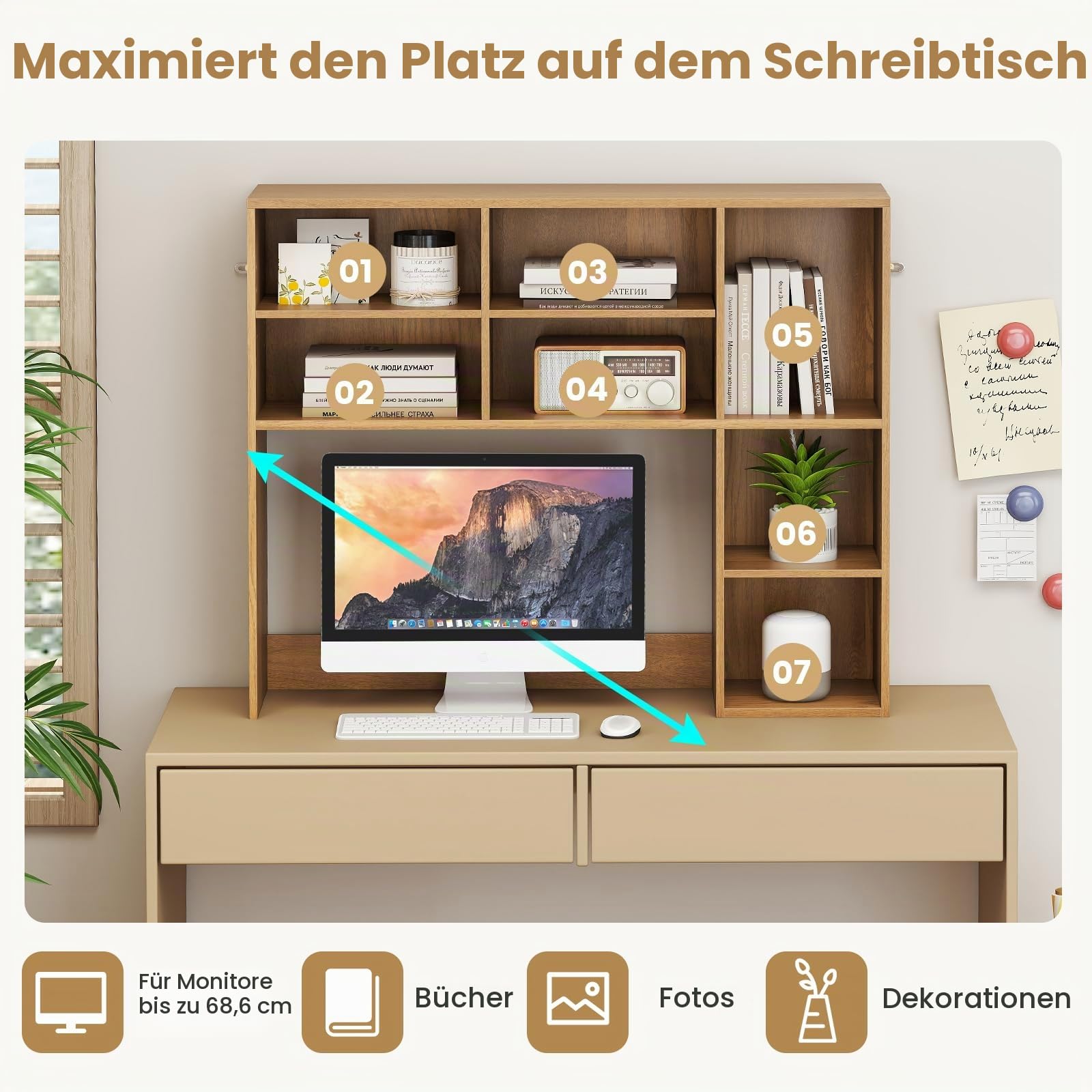GIANTEX Schreibtisch Regal, Tischregal mit Würfeln, 94 x 25 x 79 cm Aufbewahrungsregal mit 3 verstellbare Regale & 2 Kipp-Schutzsets, Schreibtischregal für Büro, Schlafzimmer (Natur)