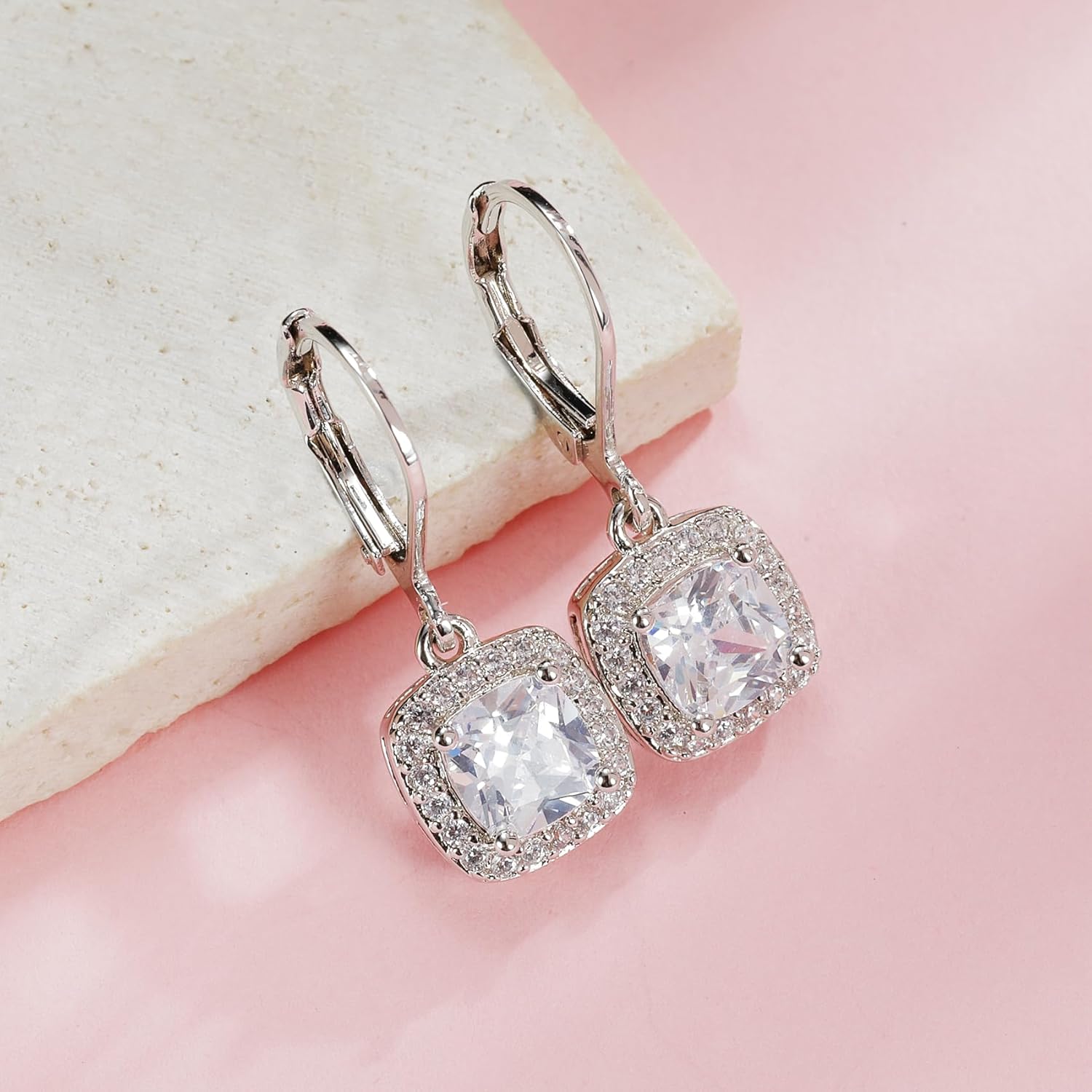 MDFUN Dangle Earrings 18K White Gold Plated Round Princess Halo Square Heart Teardrop Eye Cut Clear Cubic Zirconia Drop Earrings for Women Hypoallergenic - Image 5