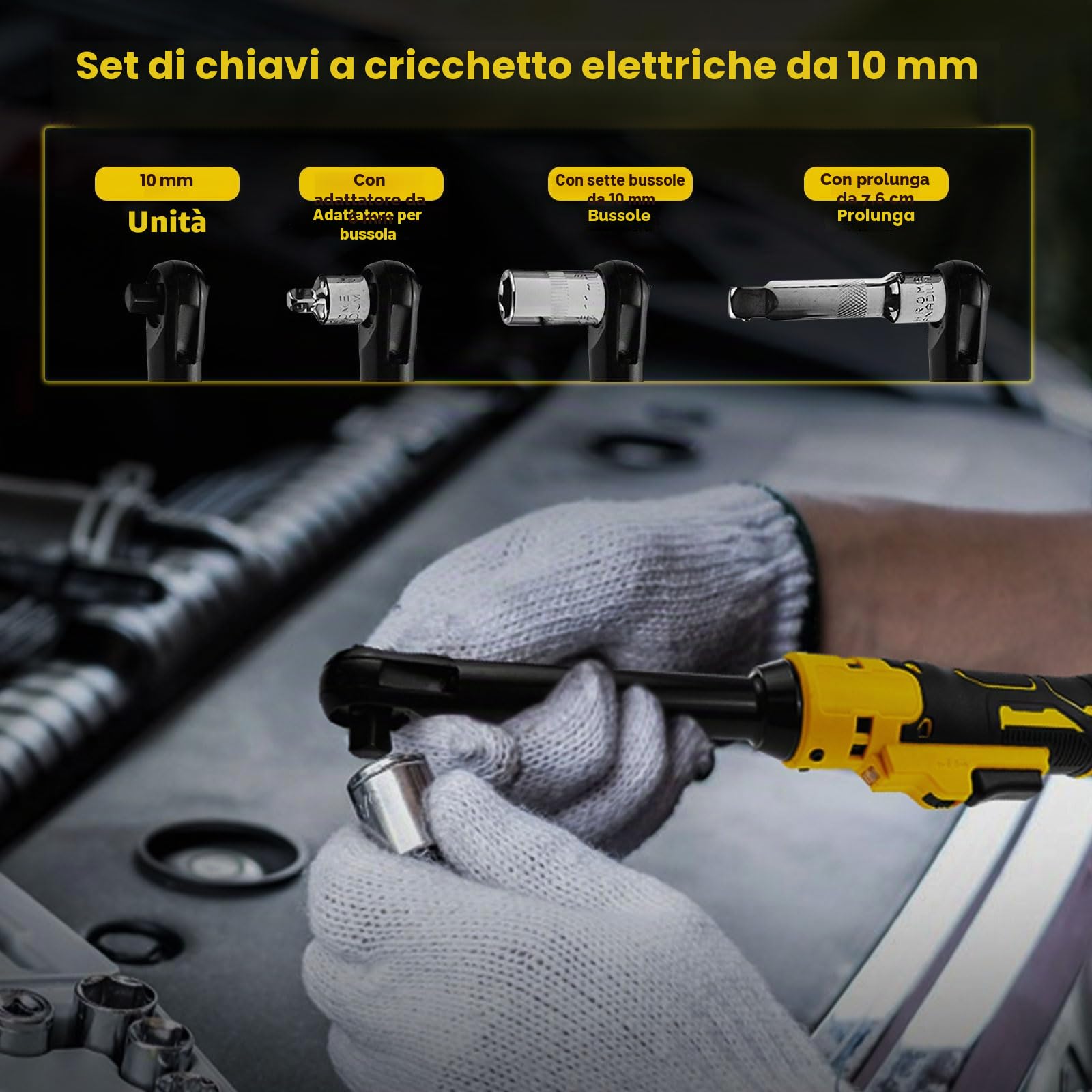 Chiave a cricchetto senza fili estesa da 3/8" per batterie Dewalt da 18V 20V, testa estesa da (6 pollici) 16cm, 80N.m, 320RPM set di chiavi a cricchetto elettriche con luce LED integrata e 8 bussole