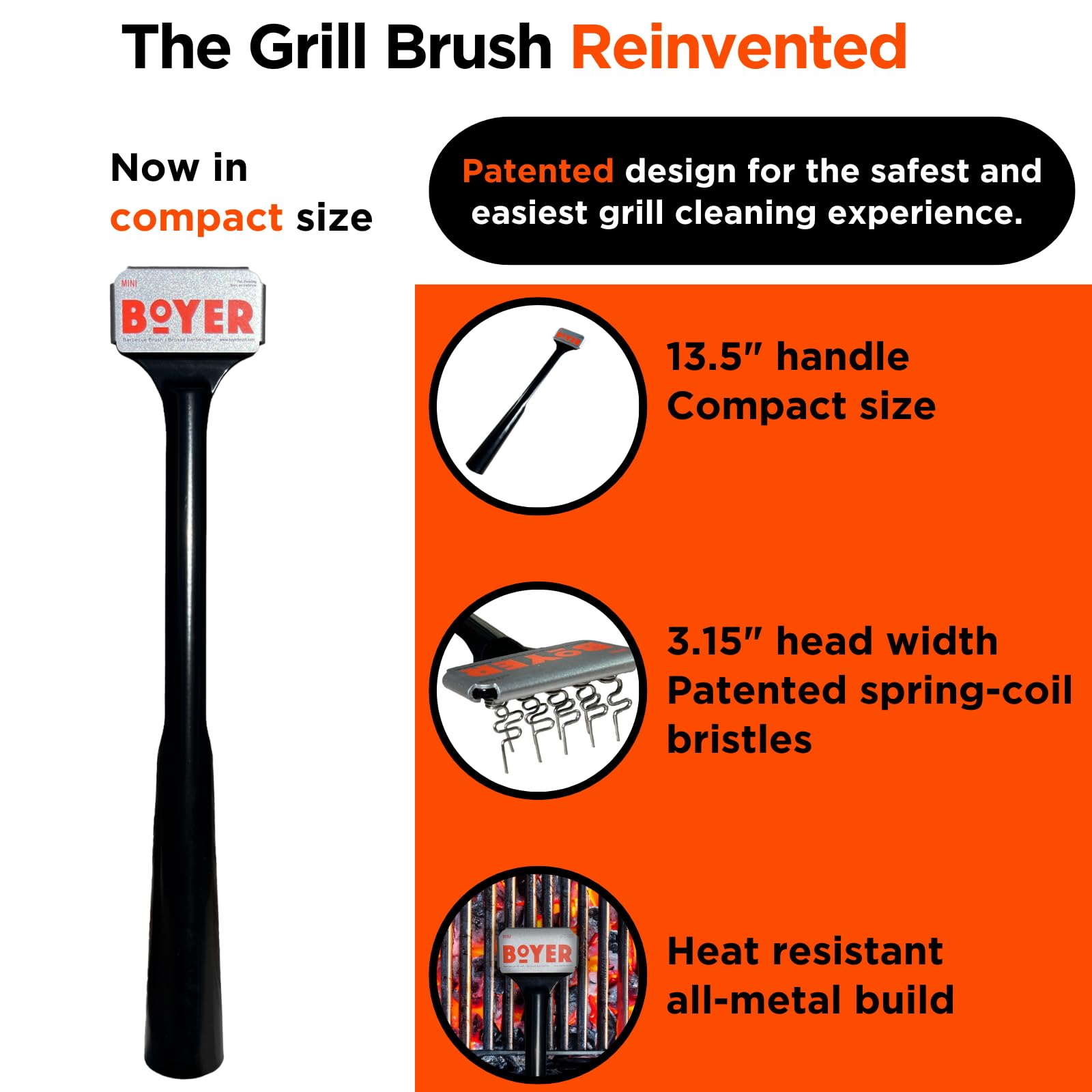 Boyer Brush Mini - The Safest Grill Brush, Wire-Bristle Free, All-Metal Construction, Cold Rolled Steel Body, Stainless Steel Wire Spring Coil, Fire Resistant (Black, Orange, Metal)