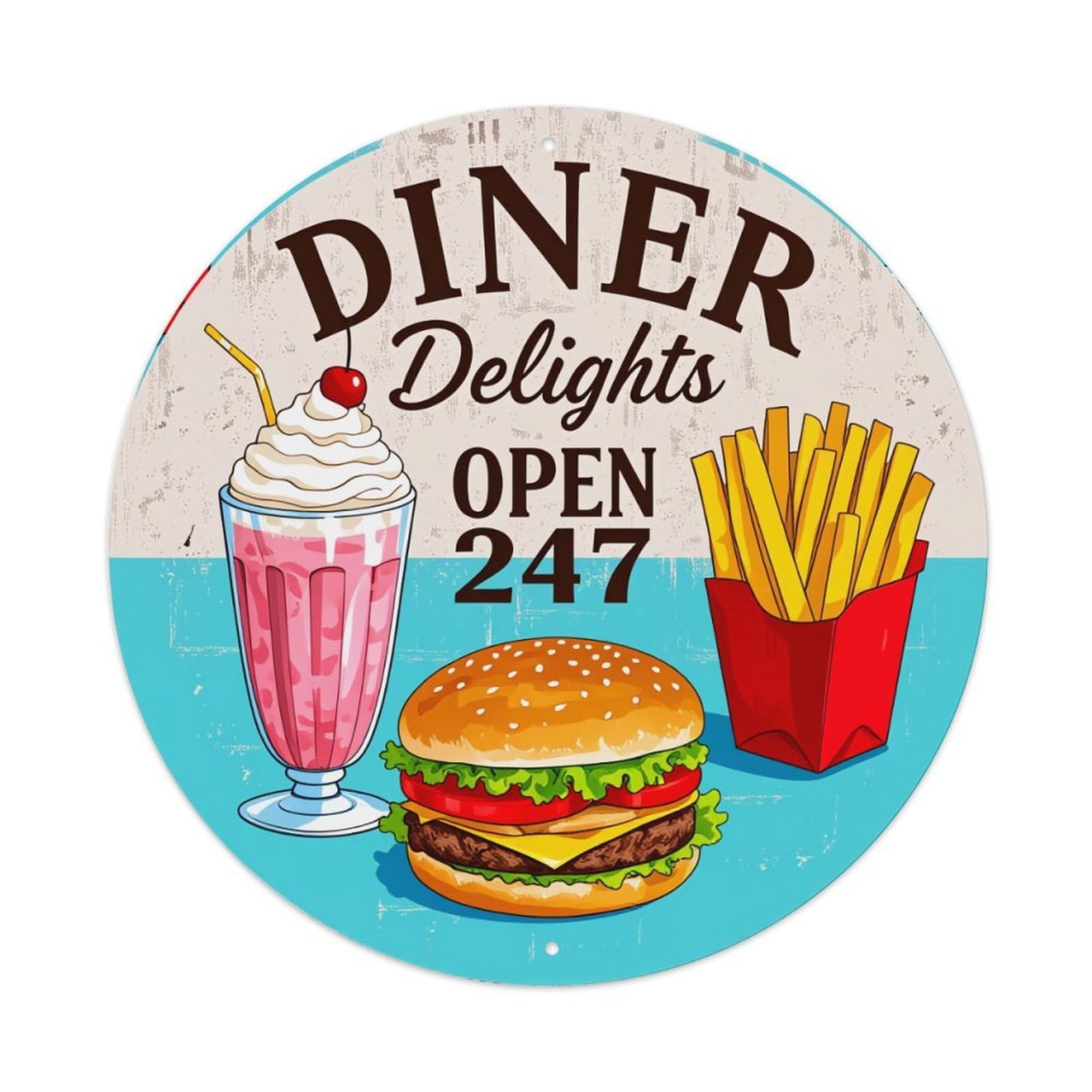 Diner Delights Burger Fries Milkshake Round Tin Sign Vintage Metal Poster, Home Bar Garage Man Cave Cafe Indoor & Outdoor Wall Decoration 8x8Inches