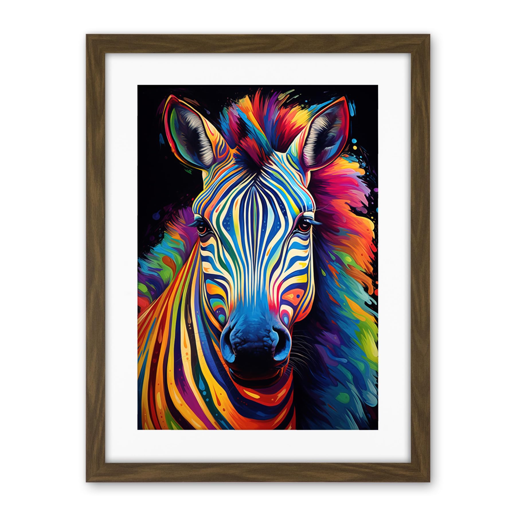 Artery8 Rainbow Striped Zebra Colourful Vibrant Bold Psychedelic Neon Impact Artwork Framed Wall Art Print 18X24 Inch