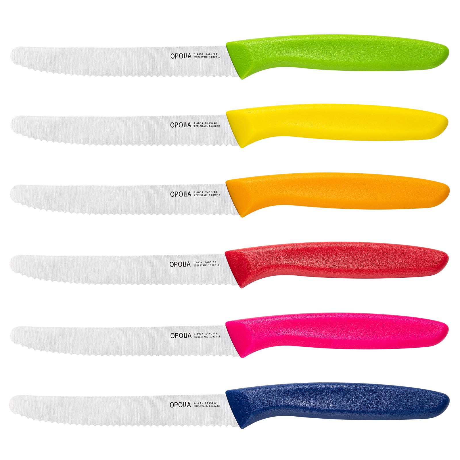 OPOLIA steak knives,6 pieces steak knife set,serrated steak knives,Stainless Steel Steak Knives,Meat Knife for Table,Sharp Multi-purpose Kitchen Knife,Ergonomic Handle,Dishwasher Safe,Multicolor