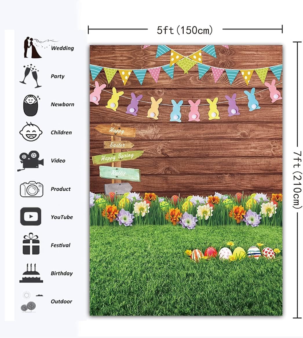 Easter Photography Backdrop Spring Eggs Signpost Wooden Wall Flowers and Grass Photo Background Newborn Party Decoration Banner Studio Props (5x7FT)