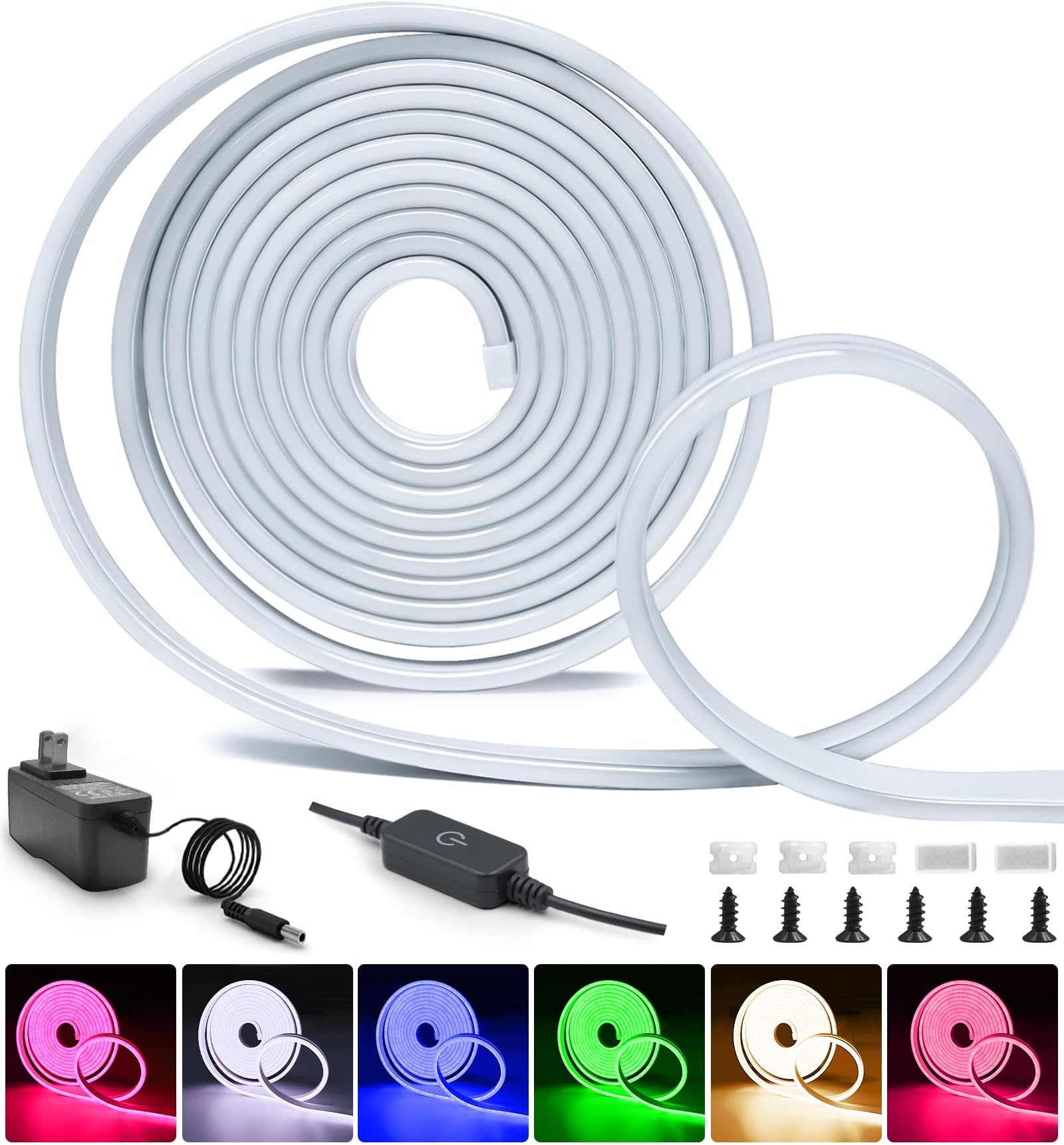 Neon Led Strip Light 16.4ft/32.8ft Dimmable Led Rope Lights 600leds Neon Flexible Led Light Strips Ip67 Waterproof Led Strip Cool White 24v Silicone Led for Kitchen Bedroom Indoor Outdoor