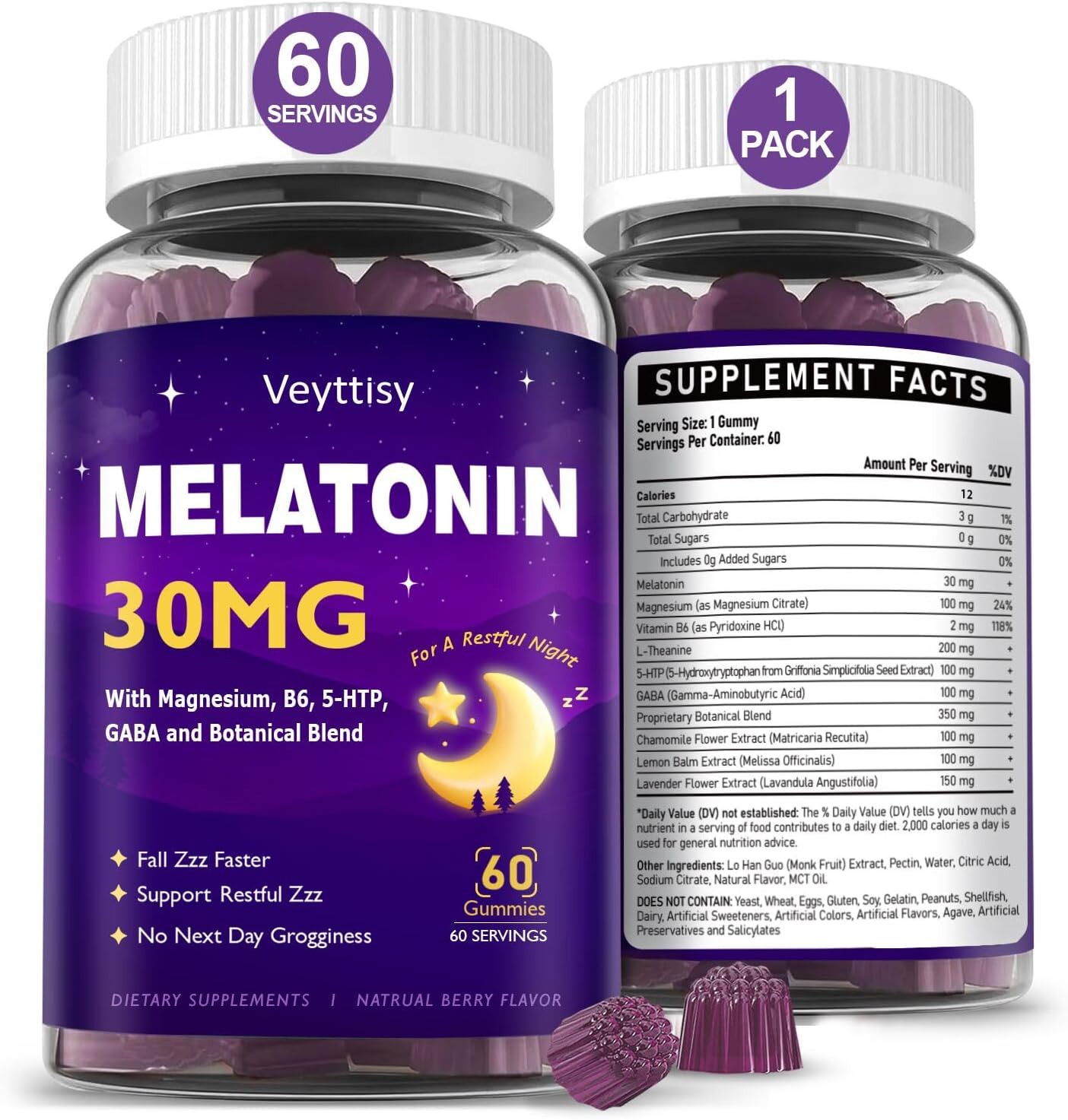 Melatonin 30mg Gummies for Adults - Sugar Free Melatonin Gummies Maximum Strength with Magnesium, B6, GABA & Botanical Blend - Non-Habit Forming,Vegan, Non GMO, Natural Mixed Berry Flavor