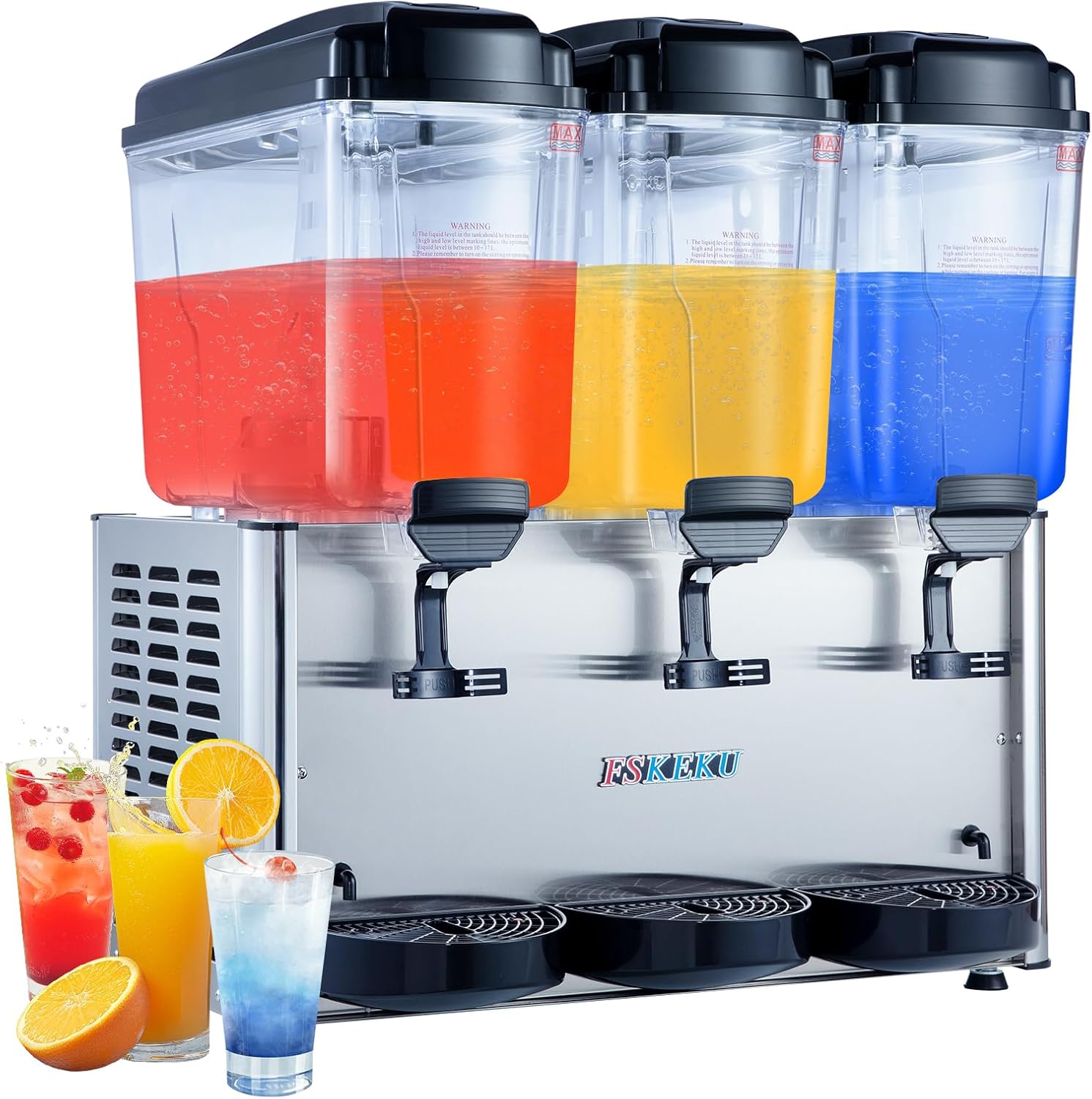 3-Tank Commercial Beverage Dispenser, 54L (14.3 Gal) Total Capacity, Refrigerated Juice Drink Machine, Stainless Steel Cold Iced Tea Cooler for Restaurant, Bar, Buffet, Cafe