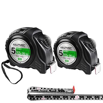 HAUTMEC Tape Measure 16ft/5m Dual Scale Metric Measuring Tape, Auto-Lock with Nylon Coated Blade & Rubber Case, for Construction, Woodworking, DIY HT0100-2PC